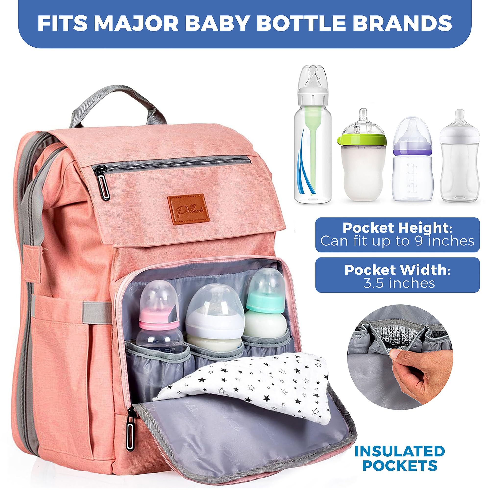 PILLANI Baby Diaper Backpack - Large Waterproof Diaper Bag for Boys & Girls with Insulated Bottle Pocket, Changing Pad & Stroller Straps - Perfect Baby Shower Gift & Registry Essential for New Parents (Ideal for Travel, Daycare & Outings)