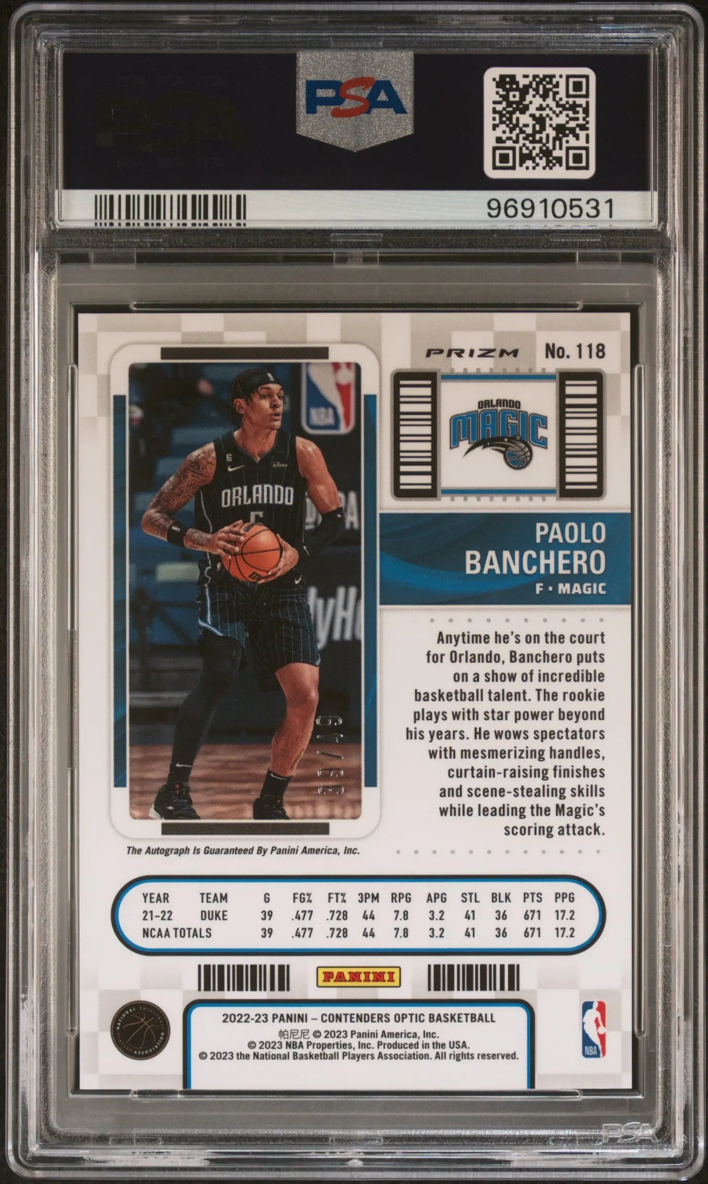 2022 Panini Contenders Optic Rookie Ticket Auto Blue Paolo Banchero PSA 9 39/49 - NBA Basketball Trading Card for Collectors & Investors - Perfect for Sports Memorabilia Collections & Gift Giving