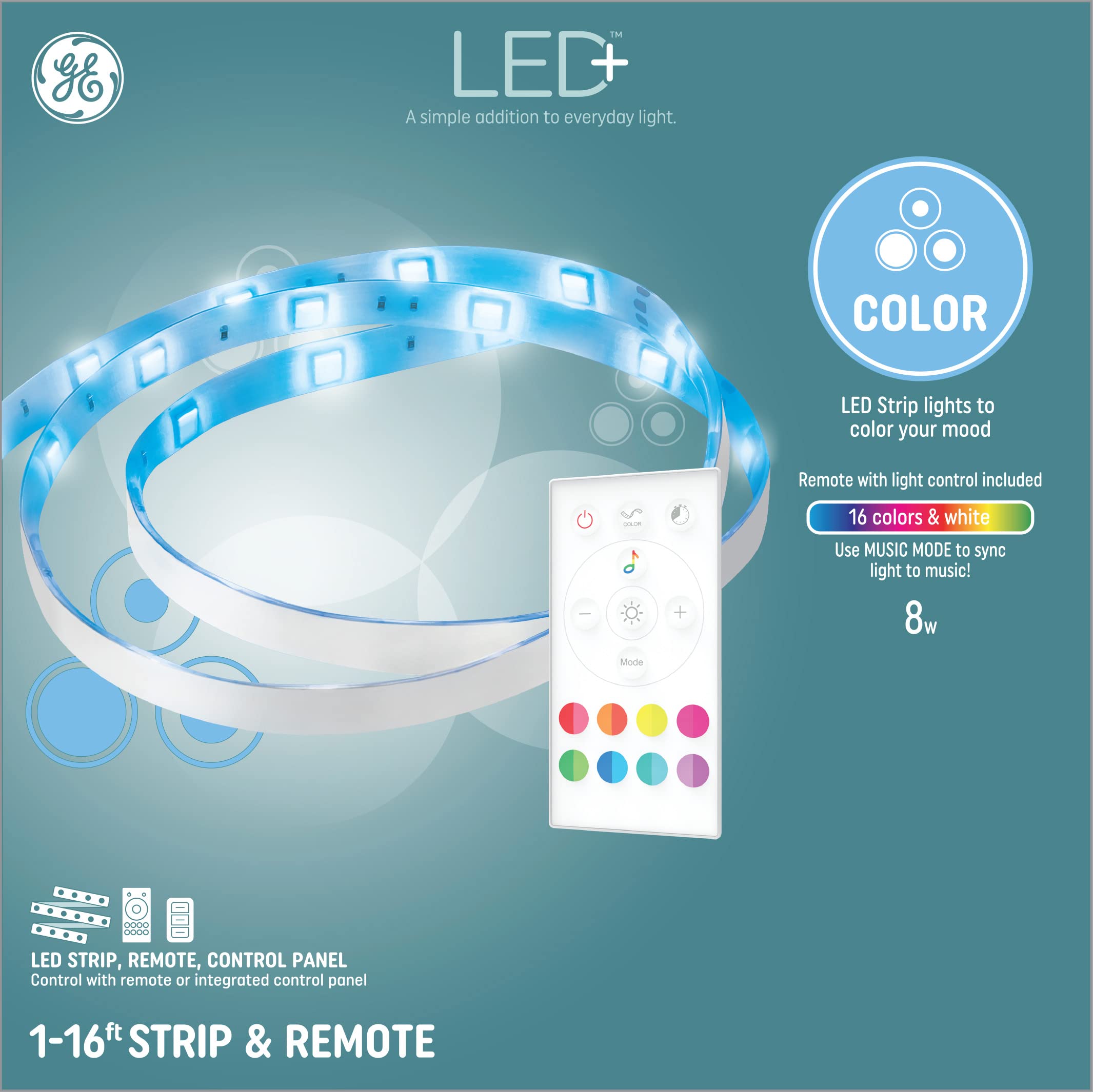 GE Lighting LED+ Color Changing Light Strip with Remote - 16 Colors + White, Music Sync, 16ft (1 Pack) - Perfect for Bedroom, Party & Home Decoration (93130319)