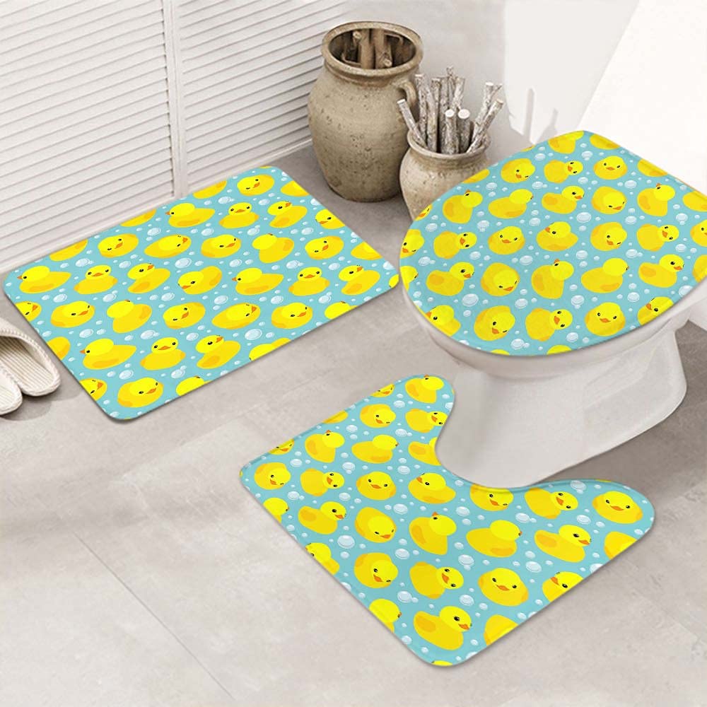 HOSNYE Non-Slip Bathroom Rug Set - 3 Piece Yellow Rubber Duck Design on Blue Bubble Background, U-Shaped Contour Mat & Toilet Lid Cover for Kids Bathroom Decor, Shower Mats, Bathtub Safety