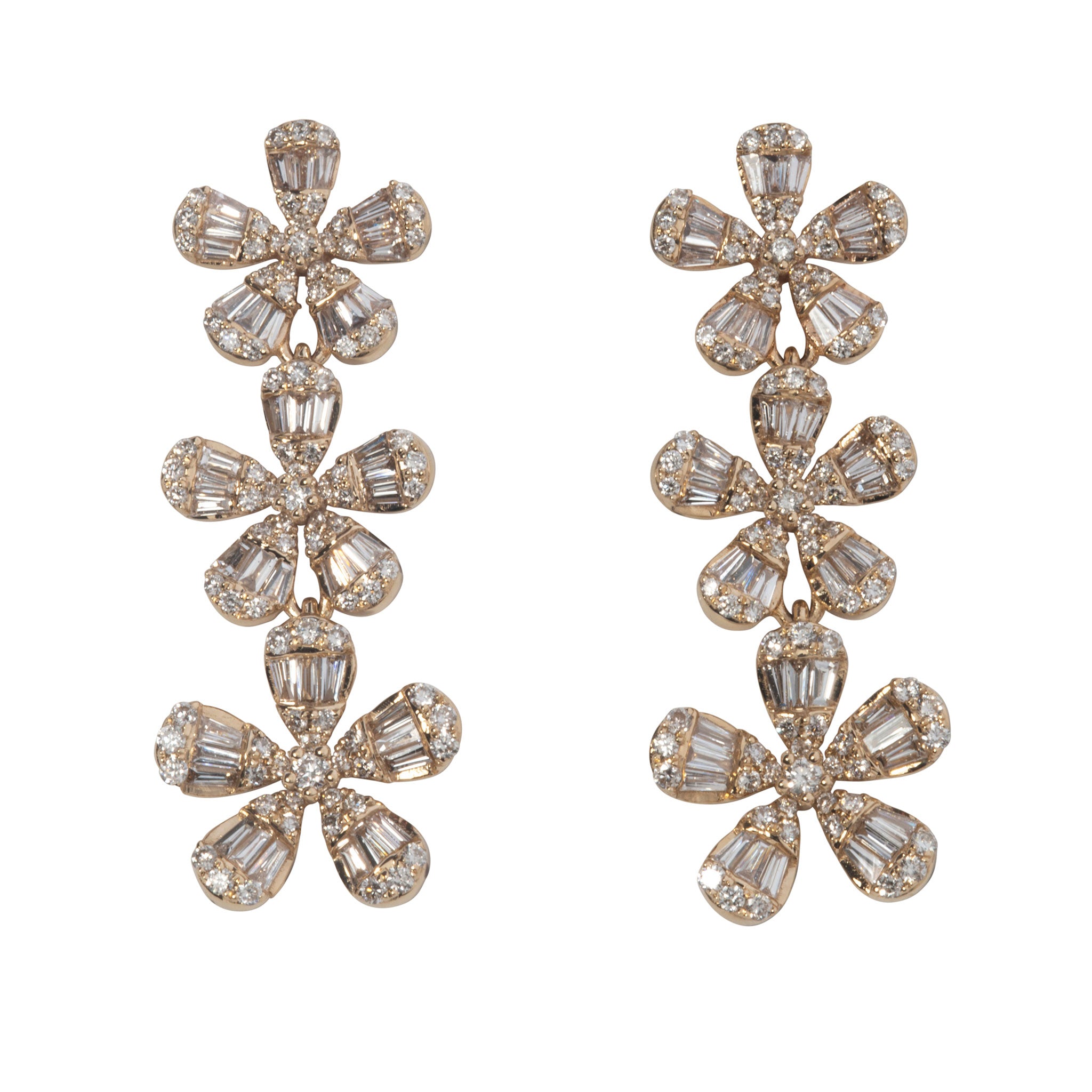 1.52ctw Diamond 14K Yellow Gold Triple Flower Drop Earrings for Women - Elegant Floral Dangle Earrings for Wedding, Party & Special Occasions