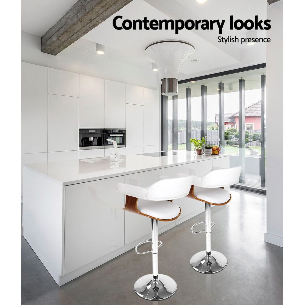 Adjustable Height Bar Stools with Gas Lift Mechanism - White Leather Upholstery & Armrests - Perfect for Kitchen Islands, Breakfast Bars & Home Bars