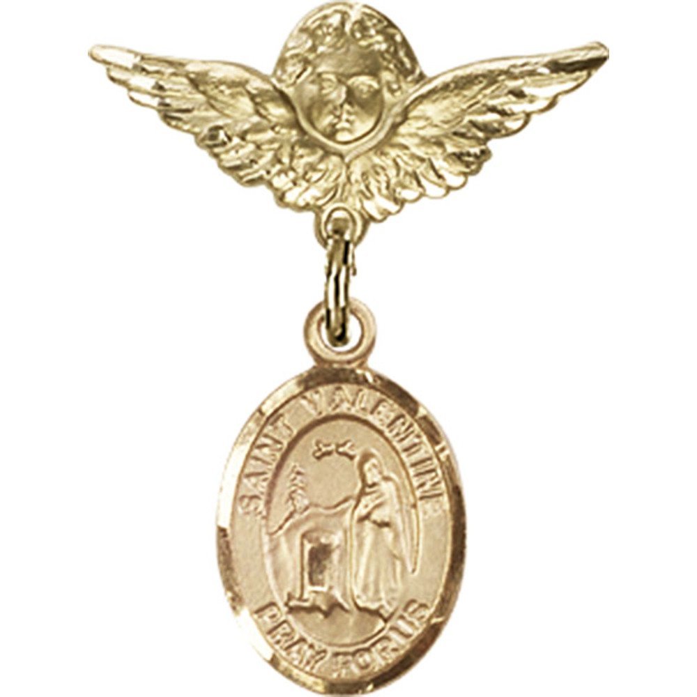 Gold Filled St. Valentine of Rome Charm Baby Badge with Angel Wings Pin - 1 X 3/4 Inch - Perfect for Baptism Gifts, Christening Jewelry & Baby Shower Favors
