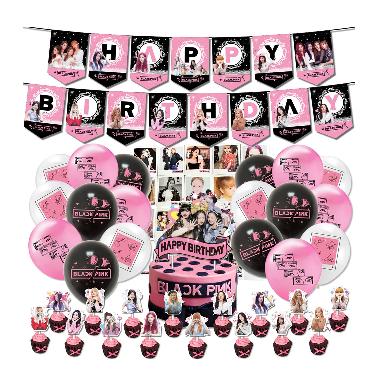 BLACKPINK Birthday Party Decorations Set - 18 Balloons, 17 Cake Toppers, 20 Lomo Cards, 1 Banner, 2 Ribbons for K-Pop Fans Birthday Party, Baby Shower & BTS Themed Events