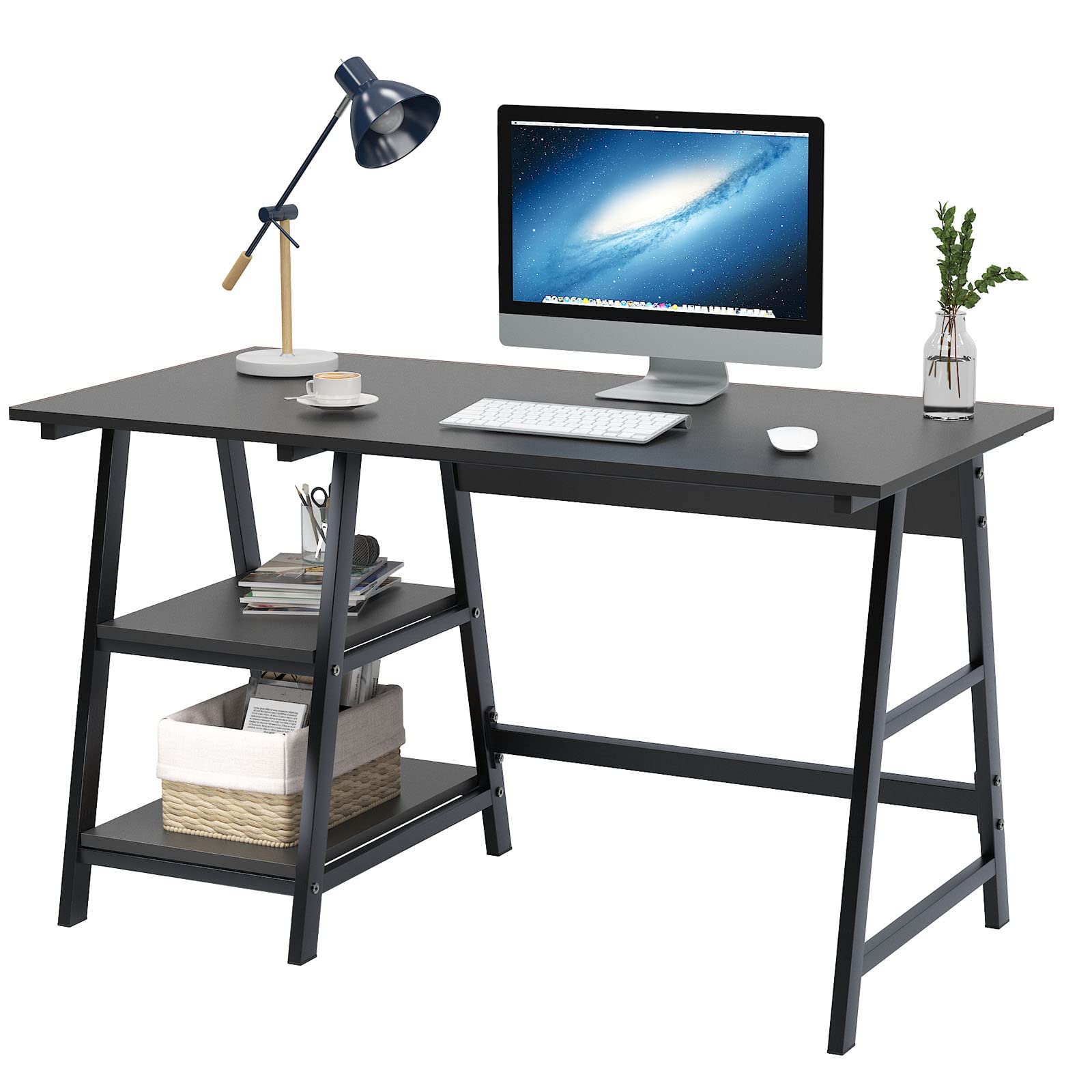 SogesHome 47-inch Black Computer Desk with Shelf - Sturdy Office Desk, PC Workstation & Trestle Desk for Home Office, Gaming & Study (Space-Saving Design)
