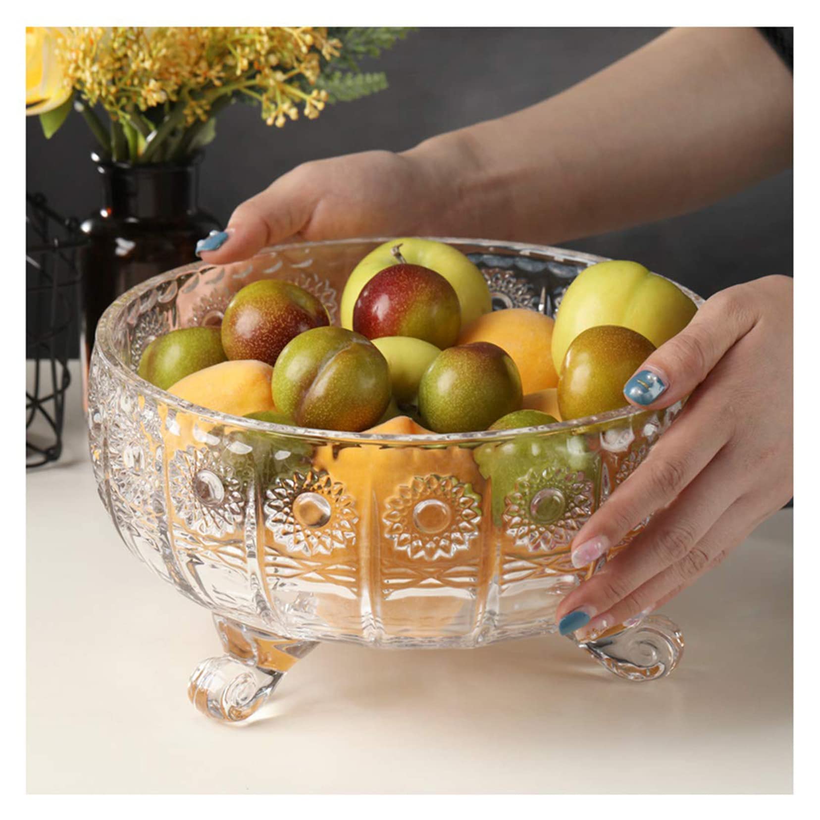 Crystal Glass Fruit Bowl - Creative Kitchen Table Centerpiece for Fruits, Vegetables, Bread & Snacks - Transparent Round Serving Bowl for Dining Table, Countertop & Party Decor