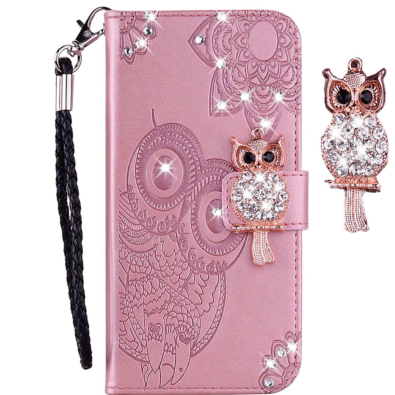 Samsung Galaxy Note 20 Ultra Case for Women - Glitter Bling Diamond PU Leather Wallet Phone Cover with Wrist Strap, Flip Stand & Card Slots (Rose Gold Owl Design) - Perfect for Daily Use, Travel & Gift Giving