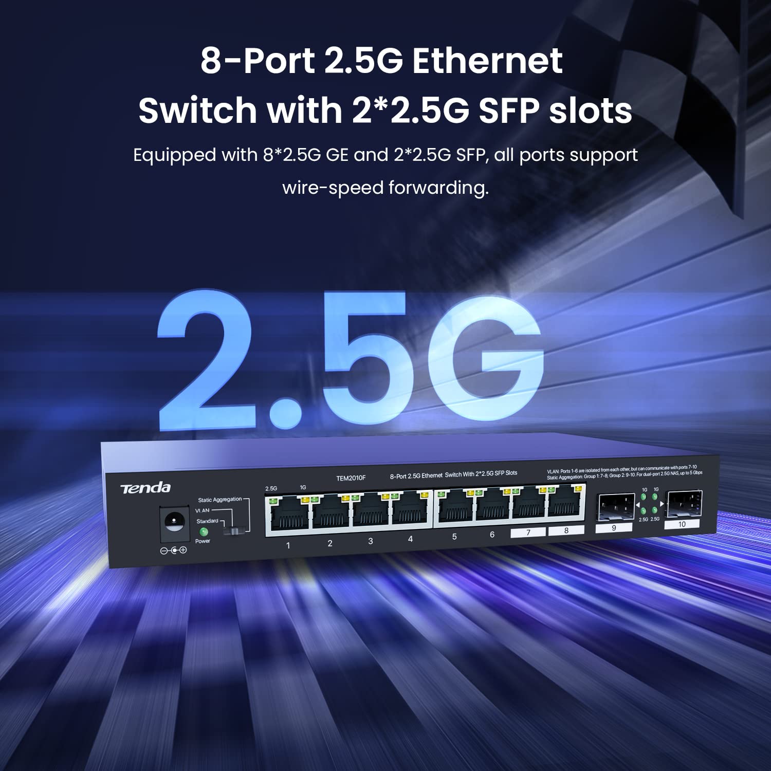 Tenda TEM2010F 10-Port 2.5G Multi-Gigabit Unmanaged Ethernet Switch with 2 SFP Ports, VLAN Support, Static Aggregation, 50Gbps Switching Capacity - Plug & Play for Home Office & Small Business Networks (Desktop/Wall Mount, Black)