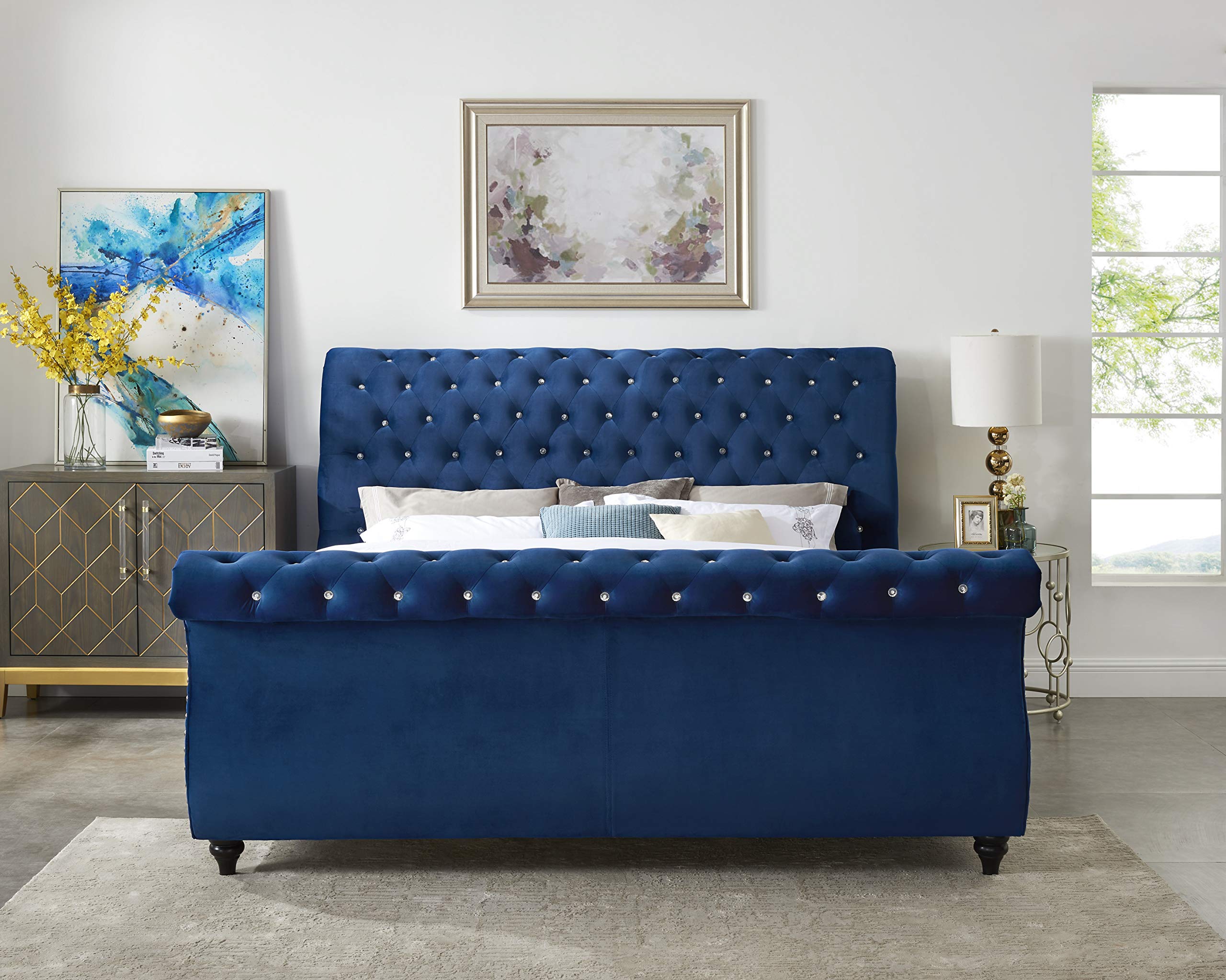 Roundhill Furniture Evora Velvet Upholstered Button Tufted Queen Size Bed - Luxurious Blue Velvet Upholstery for Elegant Bedroom Decor | Perfect for Master Bedrooms, Guest Rooms & Luxury Apartments