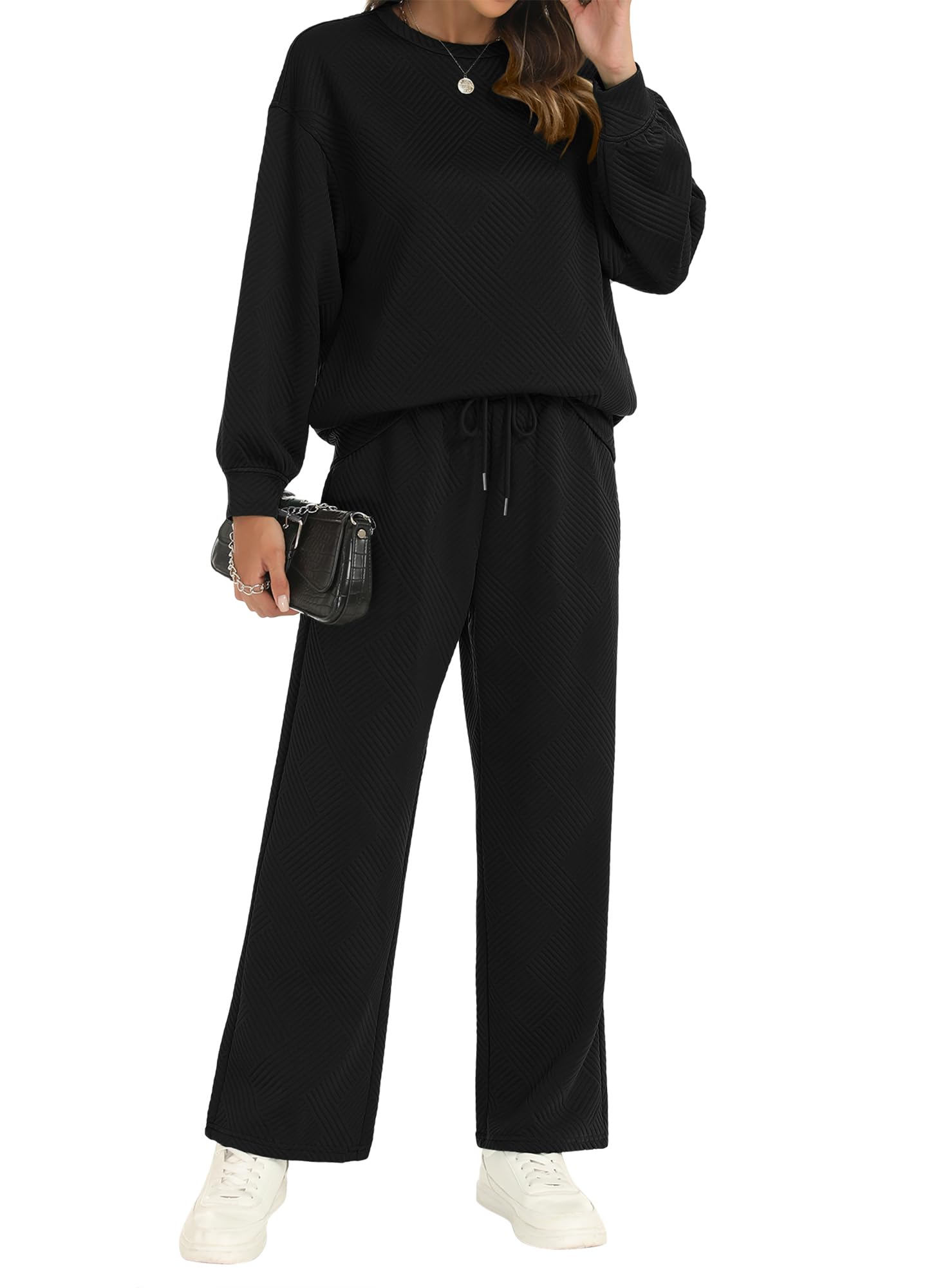 Women's 2-Piece Fall Outfit Set - Long Sleeve Pullover Top & Drawstring Wide Leg Pants Soft Lounge Wear for Casual Comfort | Perfect for Home, Travel & Relaxation
