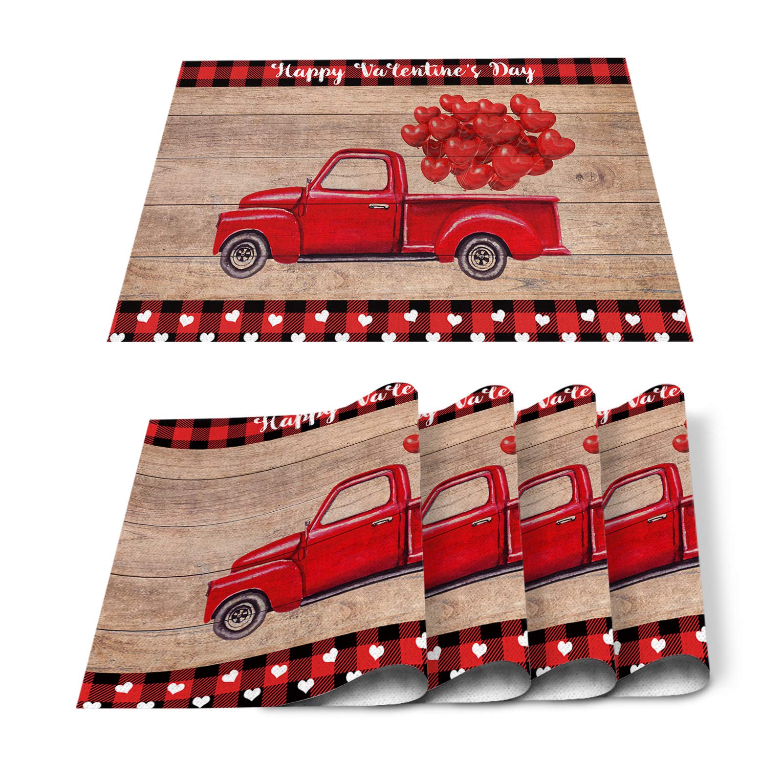 EZON-CH Stylish Valentine's Day Red Truck with Balloon Placemats - Set of 4, Thermal Insulation Non-Slip Washable Table Mats for Dining & Kitchen Decor - Perfect for Holiday Dinners, Parties & Home Decorating