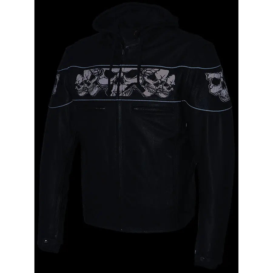 Milwaukee Leather Men's Crossover Scooter Jacket with Reflective Skulls & Removable Hood - Motorcycle Riding, Urban Fashion, Winter Outerwear