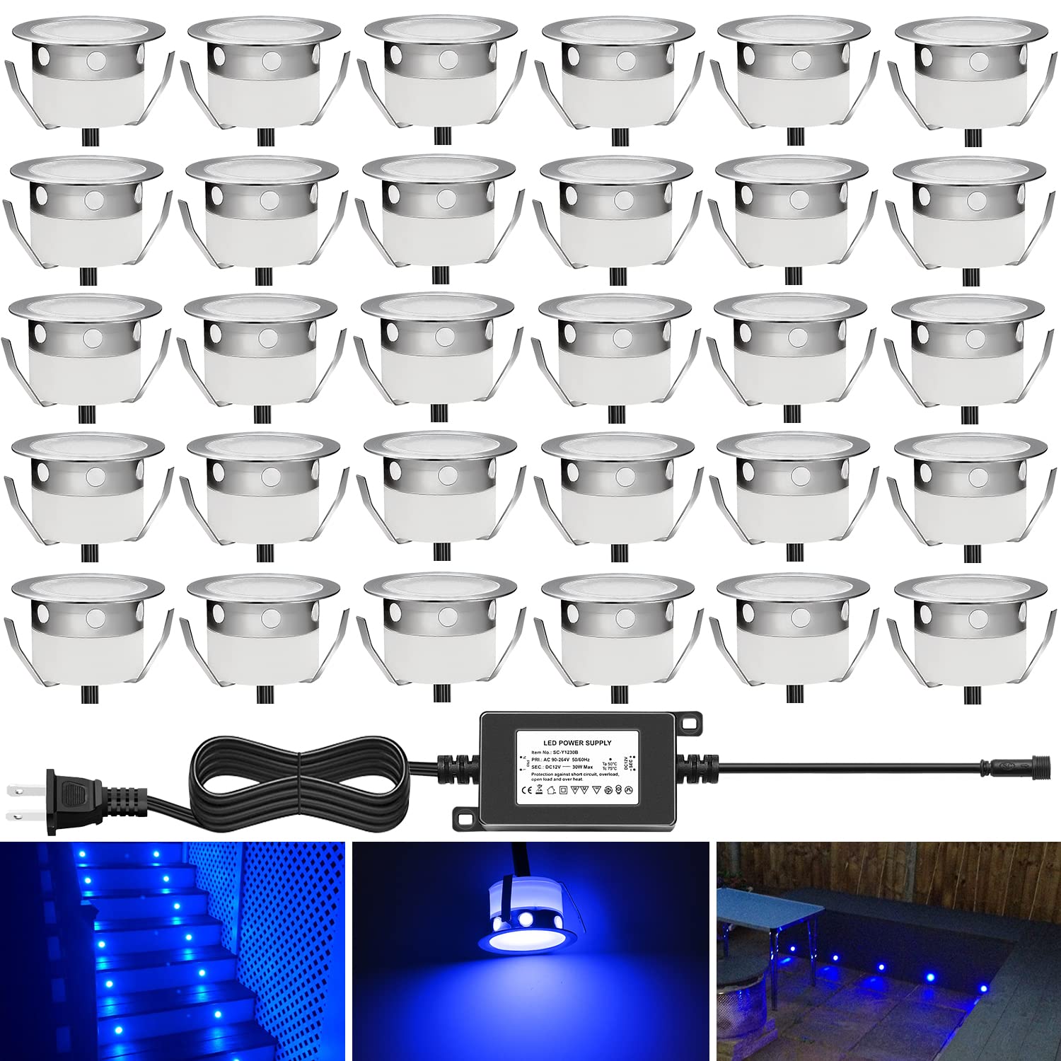 30pcs Recessed LED Deck Lighting Kits 12V Low Voltage Φ30mm Waterproof IP67 - In-Ground LED Lights for Steps, Stairs, Patio, Floor, Pool Deck, Kitchen & Outdoor Landscape Lighting (Blue) | Perfect for Pathway, Garden, Backyard & Home Exterior Decoration