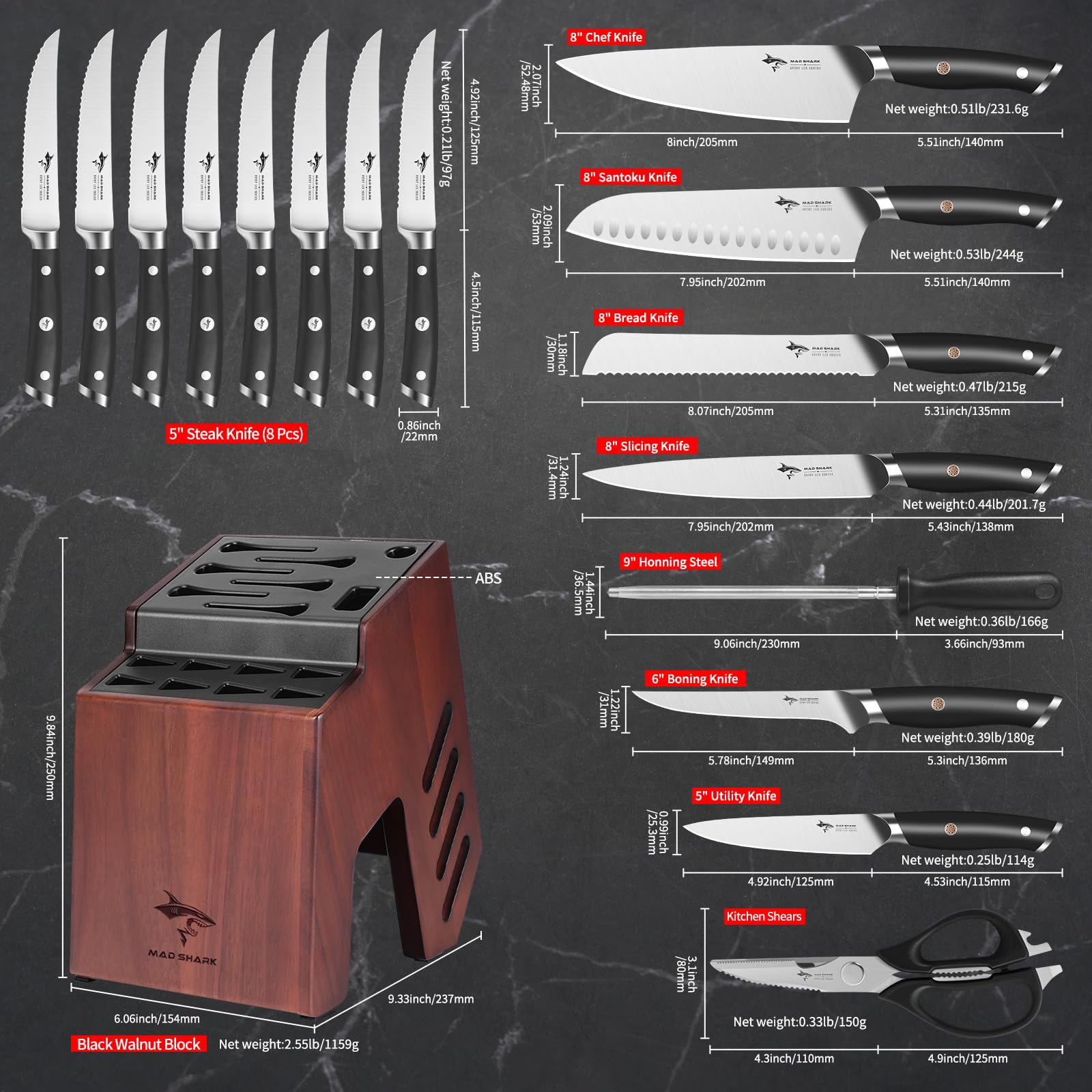 **MAD SHARK 17-Piece Professional Kitchen Knife Set with Block – High Carbon Stainless Steel Ultra Sharp Chef Knives for Home Cooking, Perfect Gift Box | Ideal for Slicing, Dicing, and Food Prep**