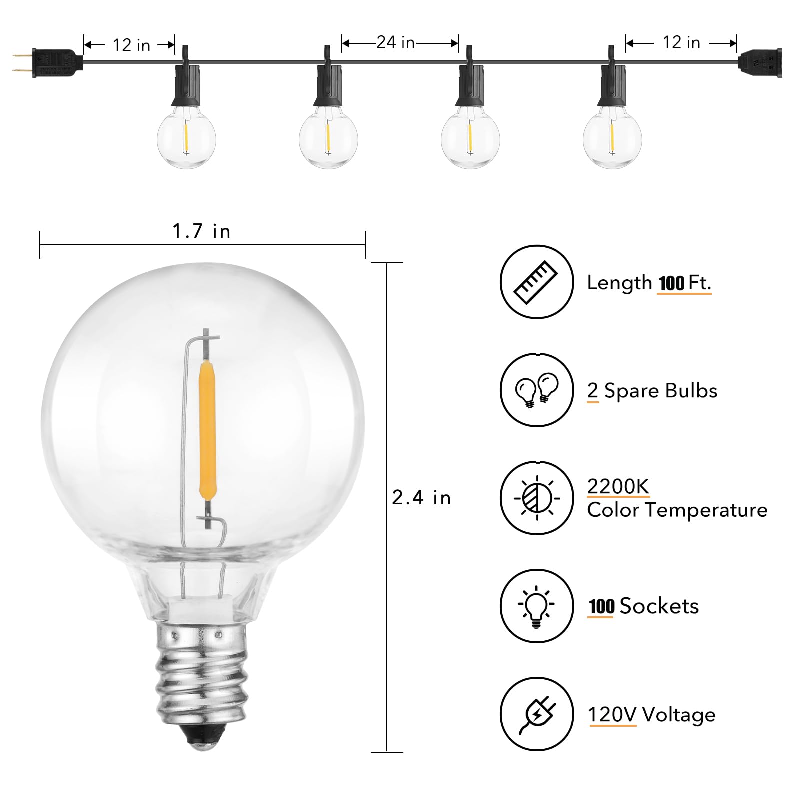 100FT LED Outdoor String Lights - 104 Shatterproof Weatherproof Bulbs, E12 Socket, 2200K Warm White - Perfect for Backyard, Patio, Pergola, Bistro & Party Decorations - Commercial Grade Hanging Lights for Outdoor Events & Festivals