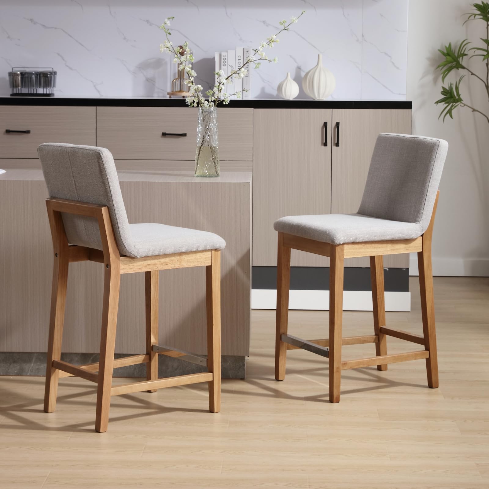 Set of 4 Mid-Century Modern Counter Stools - 26 Inch Height with Linen Upholstery & Wood Frame - Perfect for Kitchen Islands, Home Bars, and Patio Dining - Light Grey Fabric Seating