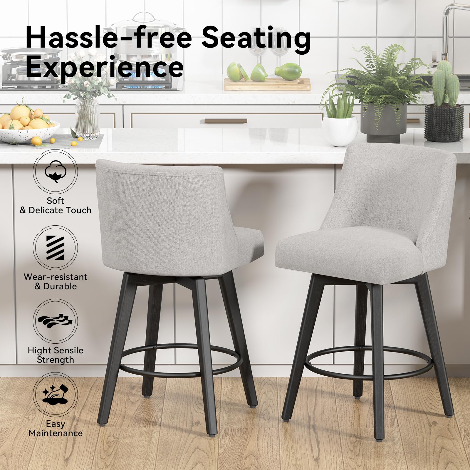 26 Inch Counter Height Swivel Bar Stools Set of 4 with Footrest - Linen Fabric Upholstered Barstools with Back Support & Solid Wood Legs - Perfect for Kitchen Island, Dining Room, Pub or Home Bar - Light Grey Modern Seating
