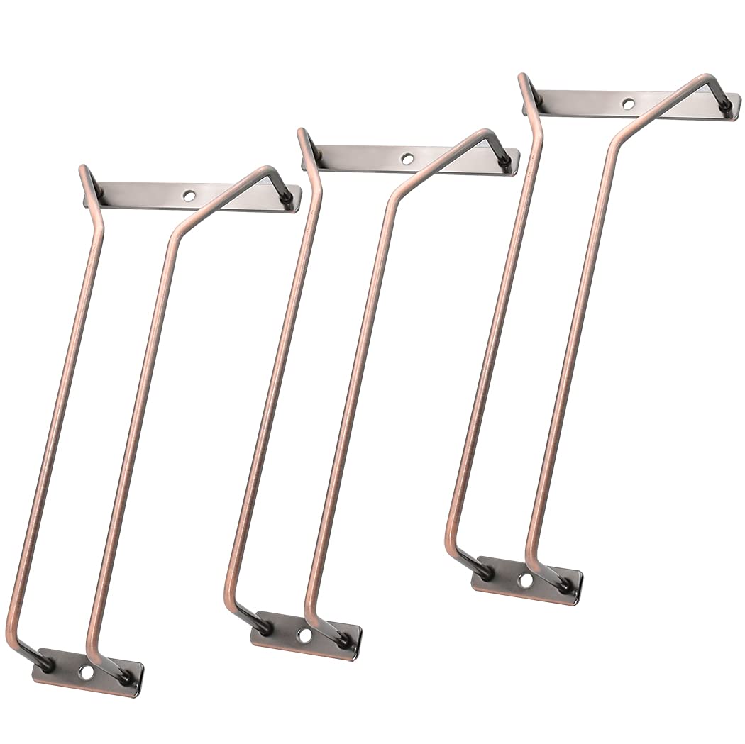 9.64-Inch Bronze Wine Glass Rack - Under Cabinet Stainless Steel Stemware Holder for Kitchen, Bar & Dining Room - Set of 3 Hanging Glass Racks for Wine, Champagne & Cocktail Glasses - Perfect for Home Entertaining & Space Saving Storage