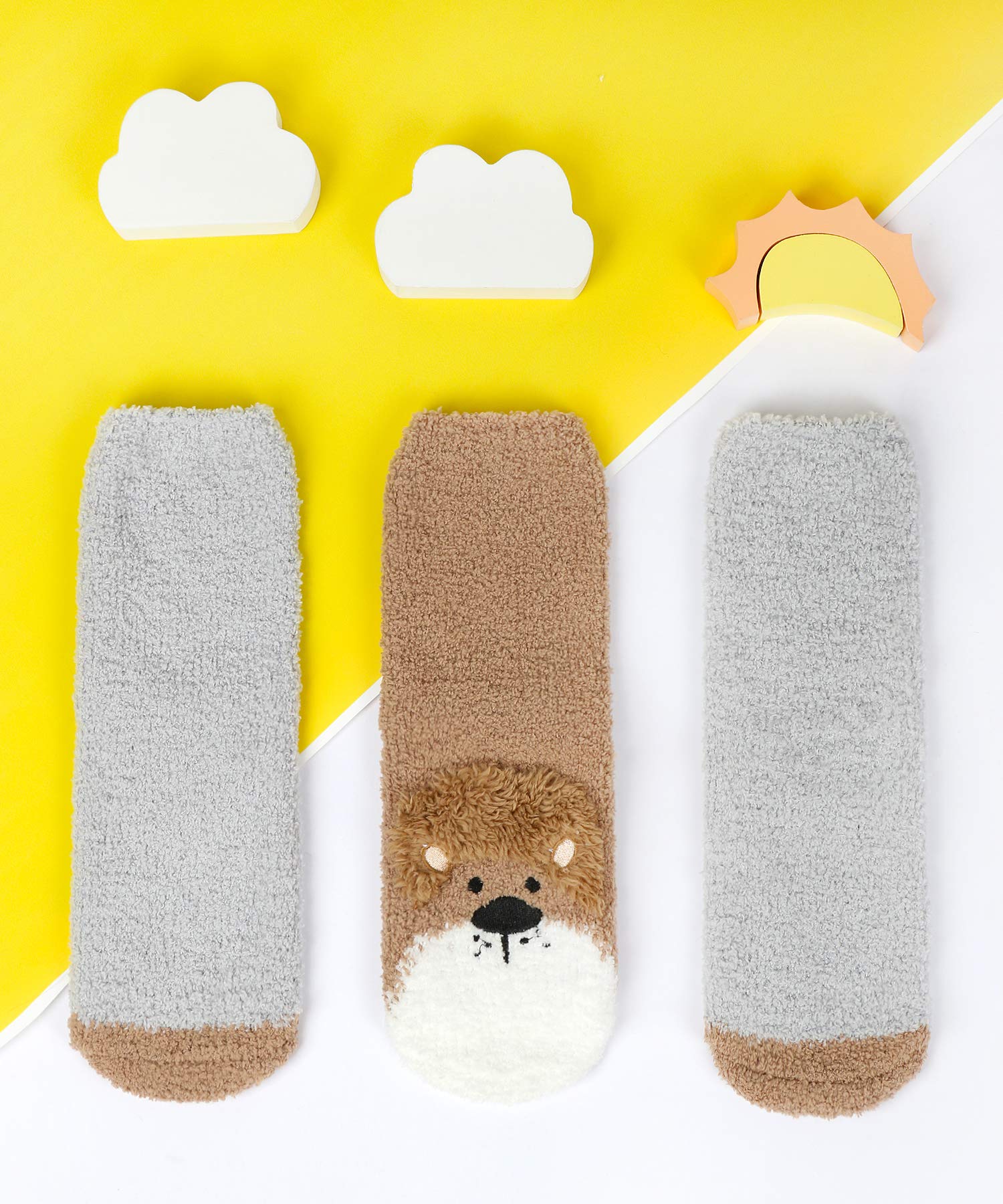 Panda Bros Girls Warm Fuzzy Fluffy Non-Slip Slipper Socks for Kids - 3 Pairs Pack | Cozy Winter Indoor & Outdoor Wear for School, Home & Sleepovers