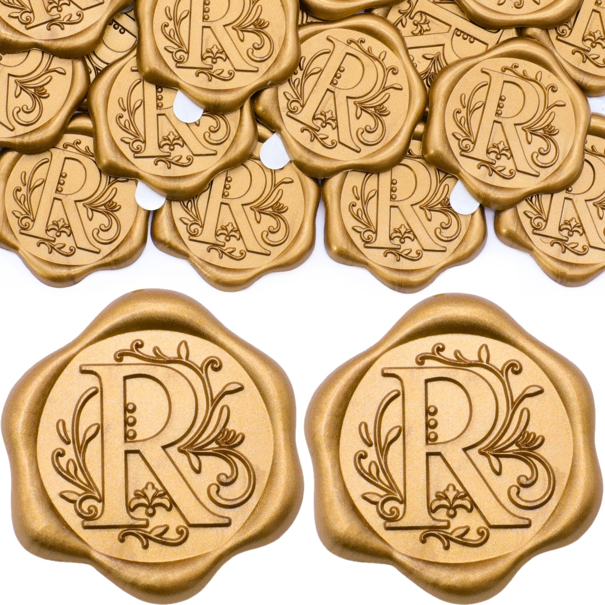 SWANGSA 50 Pack Letter R Wax Seal Stickers - Antique Gold Initial Alphabet Self-Adhesive Wax Stickers for Wedding Invitations, Party Decor, Envelope Sealing & Scrapbooking - Elegant Vintage Seal Stamps for DIY Crafts, Greeting Cards & Stationery