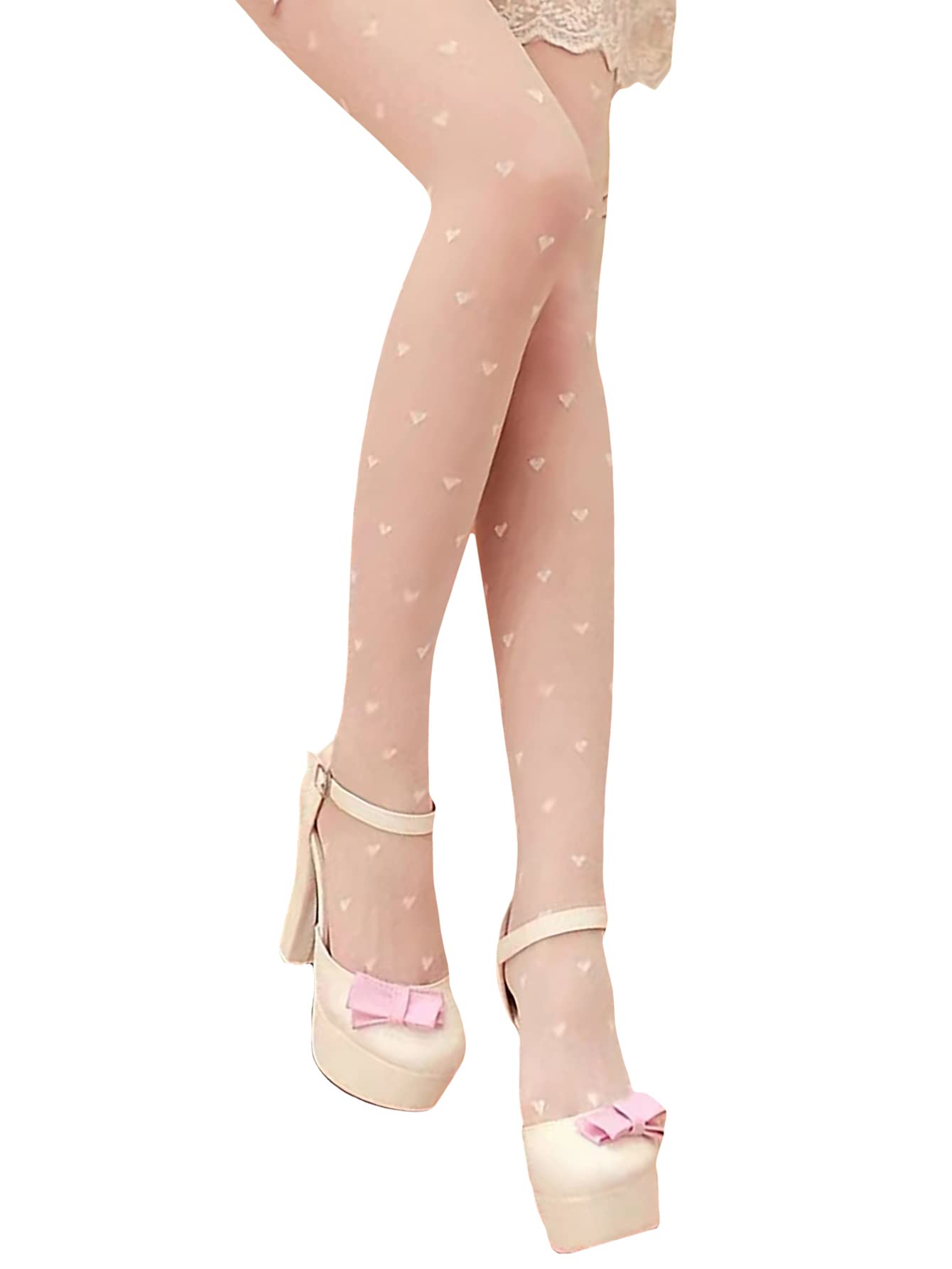 SHENHE Women's Sheer Mesh Tights with Heart Pattern - High Waist Footed Pantyhose Stockings - White One Size - Perfect for Valentine's Day, Date Night & Special Occasions