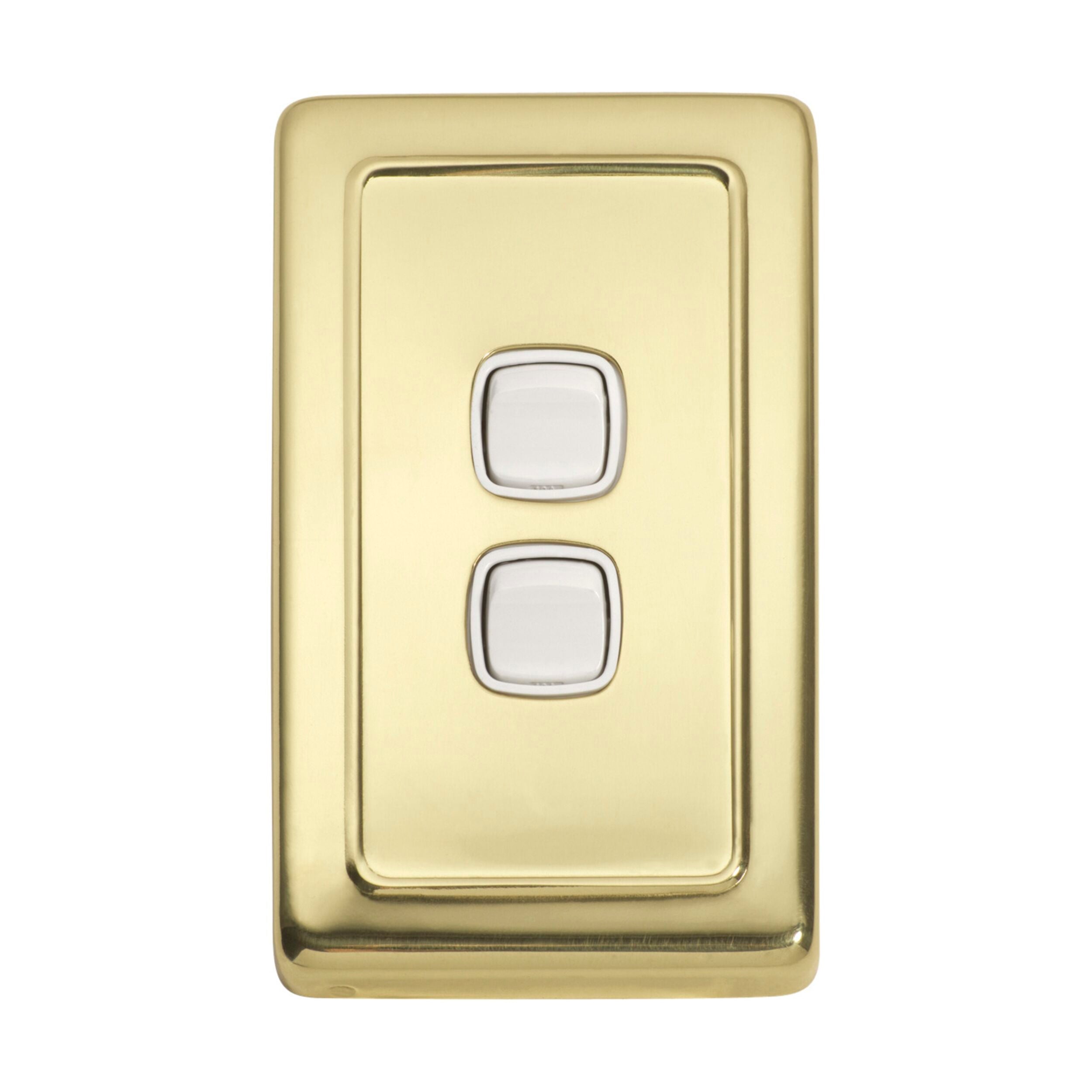 2 Gang White Polished Brass Rocker Switch Flat Plate - 115mm x 72mm (HxW) - Ideal for Home, Office & Commercial Electrical Installations
