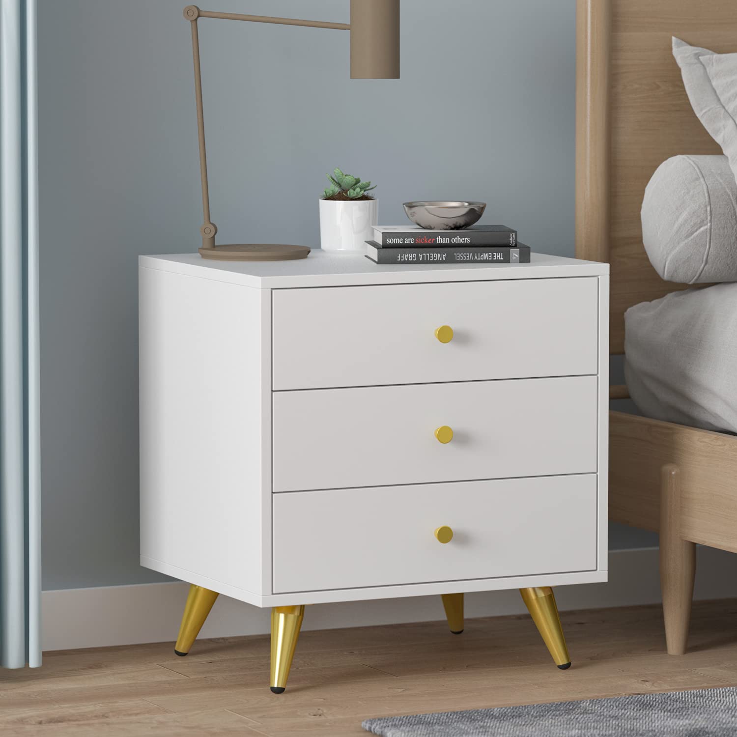 Homsee White Modern Nightstand Set of 2 - 3 Drawer Bedside Table with Sturdy Metal Legs, Versatile End Table for Bedroom & Living Room (19.7”L x 15.7”W x 21.3”H) - Perfect for Small Spaces, Apartment Furniture & Home Decor