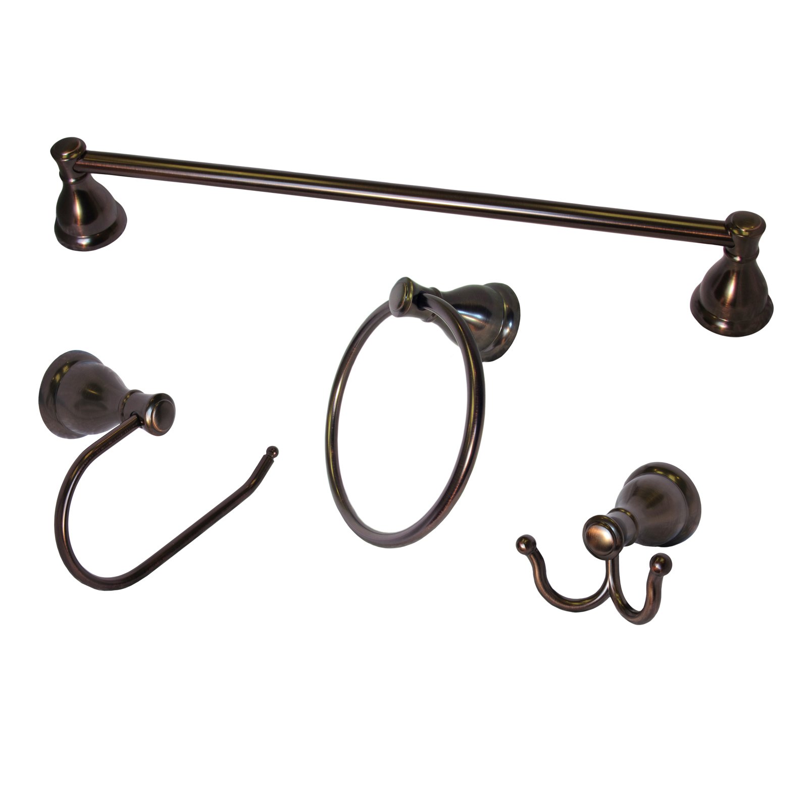 4-Piece Bathroom Accessory Set in Oil Rubbed Bronze Finish - Shower Curtain Hooks, Towel Bar, Toilet Paper Holder & Robe Hook for Modern Bathroom Decor