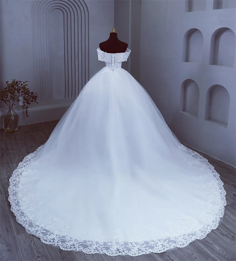 Elegant Plus Size Off Shoulder Wedding Dress with Appliques and Pearls - Perfect for Brides, Beach Weddings & Formal Occasions