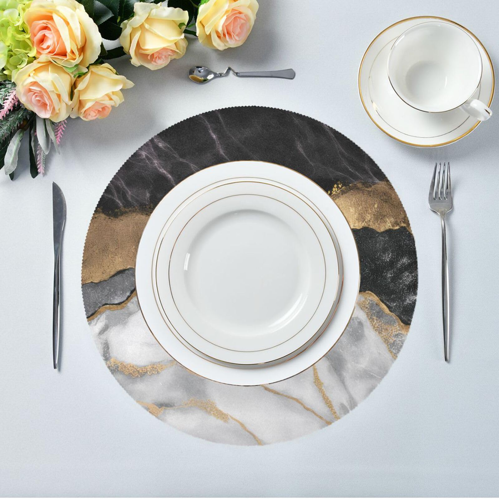 ATTX Round Placemats Set of 6 - Marble Dining Table Mats, Non-Slip Kitchen Table Placemats for Everyday Use, Dinner Parties & Home Decor
