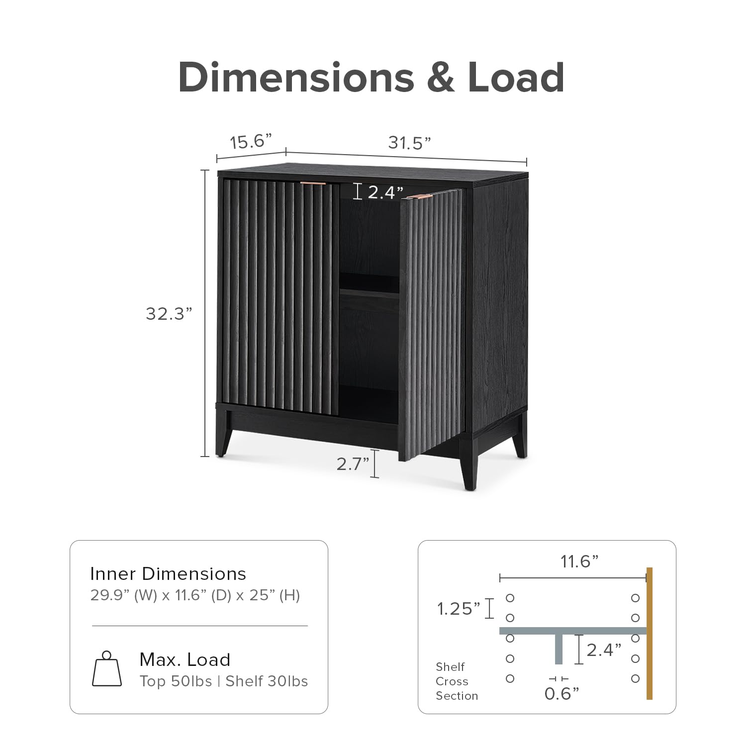 Mopio Brooklyn Storage Cabinet - Modern Farmhouse Entryway Accent Case, Buffet Sideboard, Console Table, Wood Modular Organizer with Doors & Shelf - Fluted Panel Cupboard for Living Room, Dining Room, Bedroom (Black, Single)