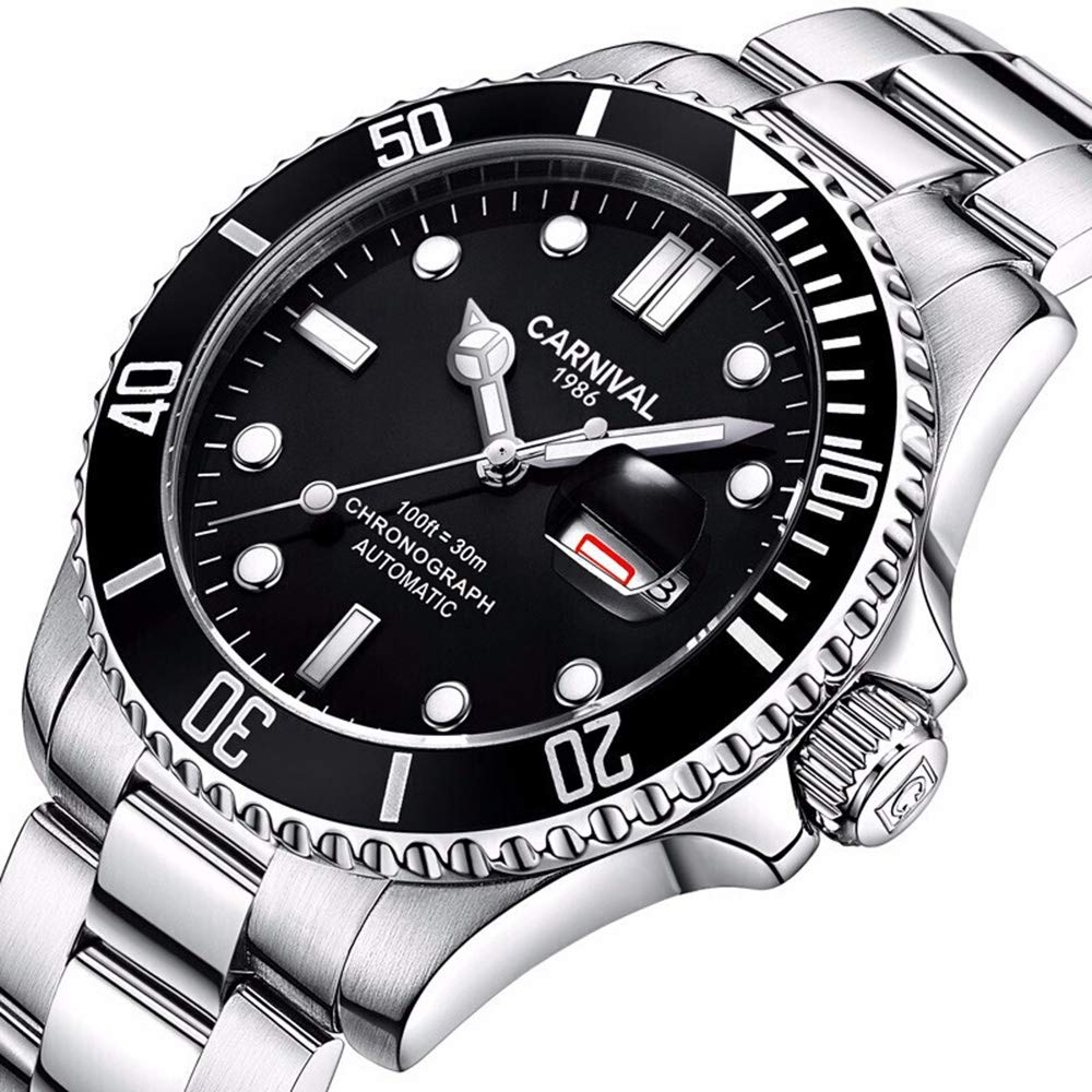 MASTOP Men's Automatic Watch - Classic Rotating Bezel Stainless Steel Diver Watch with Date Window | Luxury Dress Wristwatch for Business & Formal Occasions | Waterproof Sports Watch for Swimming & Diving (Silver Black)