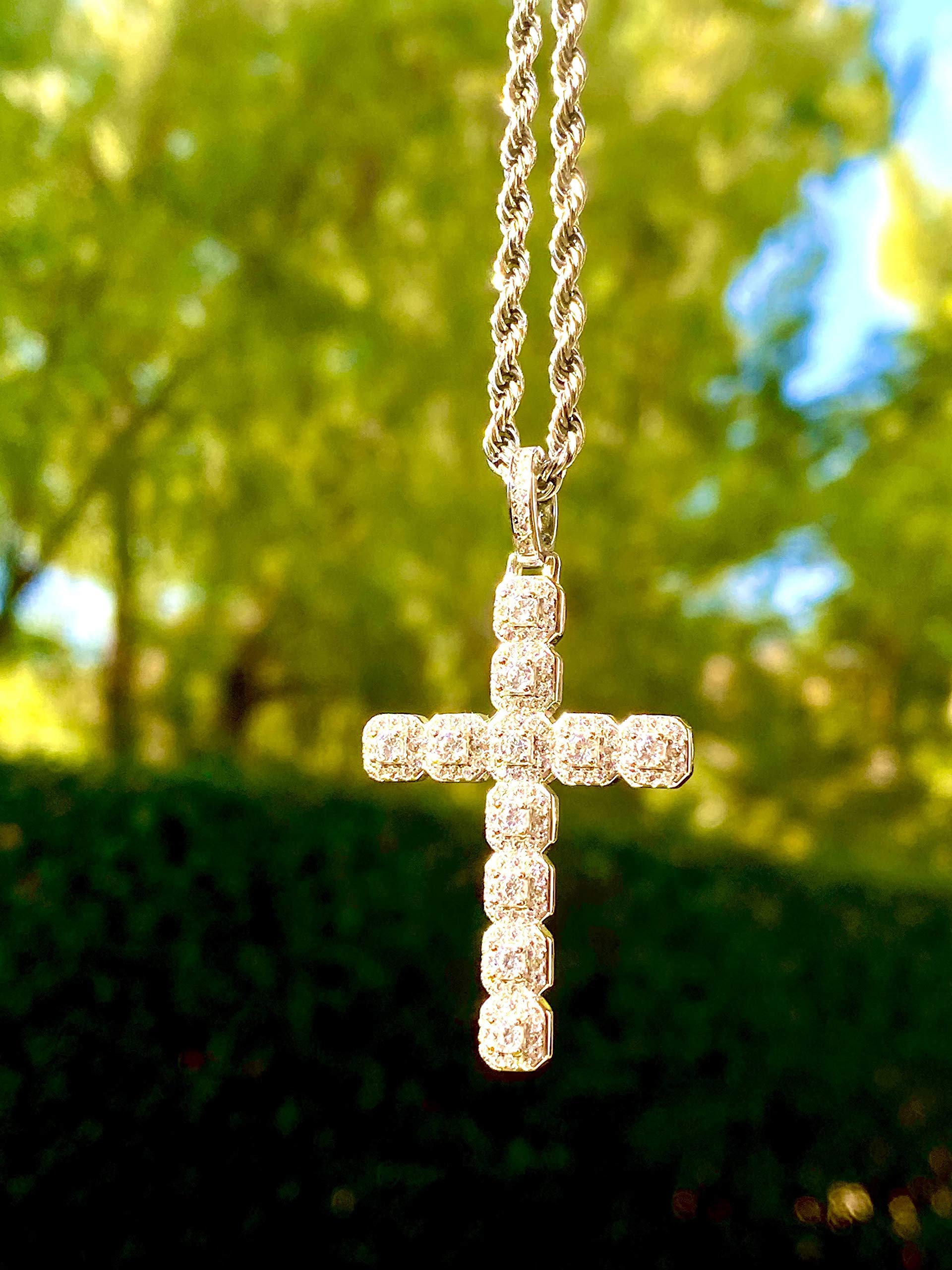 925 Sterling Silver Iced Out Tennis Cross Pendant for Men & Women - 3mm Stainless Steel Rope Chain (16