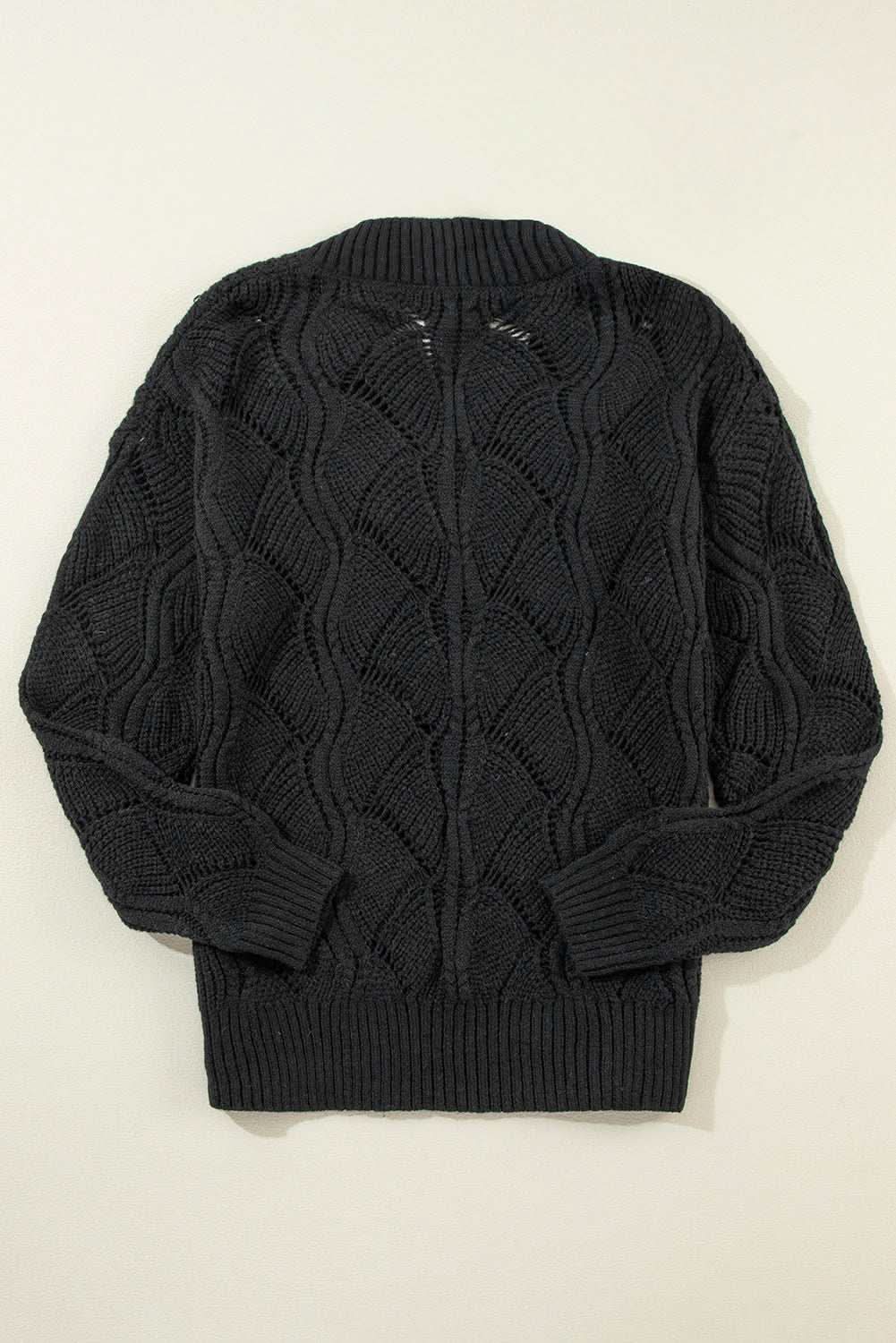 Chic Black Hollow Knit V-Neck Sweater for Women - Stylish & Comfortable Fall Winter Pullover for Casual Outfits & Office Wear
