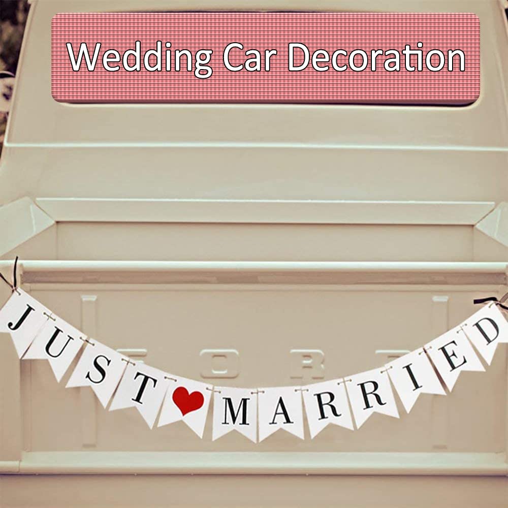 Just Married Car Decorations - Wedding Car Banner & Sign for Honeymoon, Photo Props & Vehicle Decor | Perfect for Wedding Getaway, Bridal Shower & Newlywed Photos