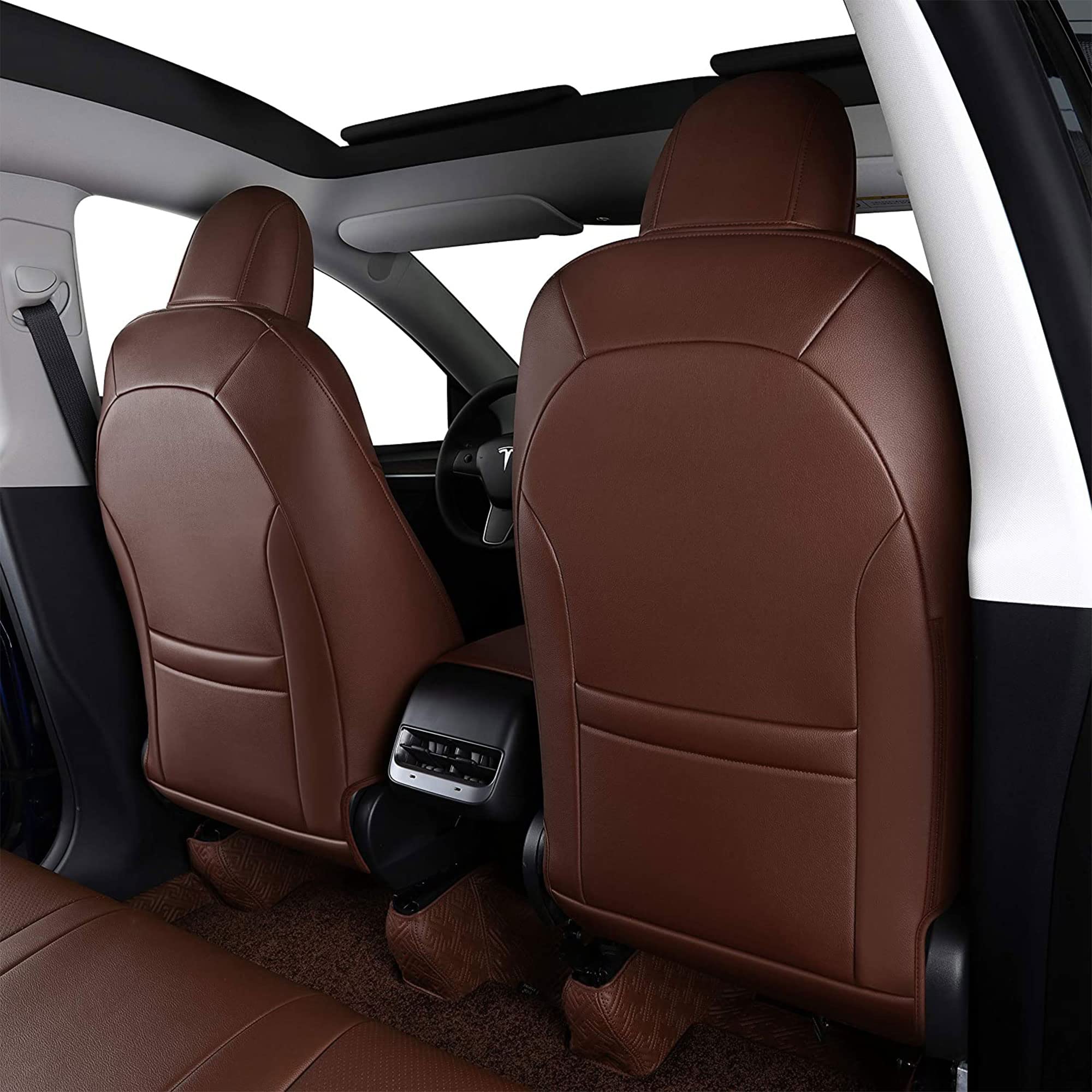 Premium Tesla Model Y Seat Covers (2020-2024) - 5-Seat Custom Fit Synthetic Leather Car Seat Protectors - Lichi Brown - Waterproof & Anti-Slip Design for Enhanced Comfort & Durability - Perfect for Daily Commuting, Road Trips & Family Protection