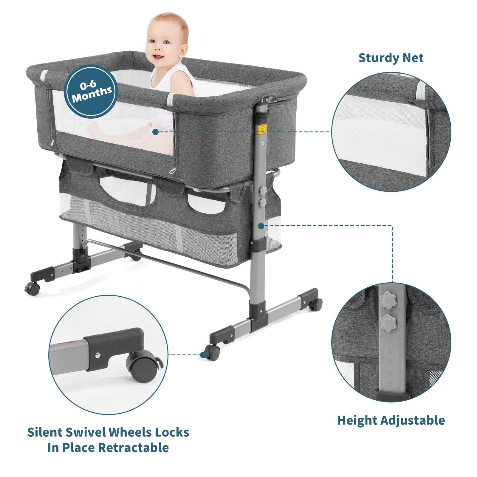 3-in-1 Adjustable Portable Baby Bassinet & Bedside Sleeper Crib with Breathable Mesh - Convertible Travel Crib for Newborns & Infants (Deep Grey) | Perfect for Nursery, Bedside Co-Sleeping & Family Travel