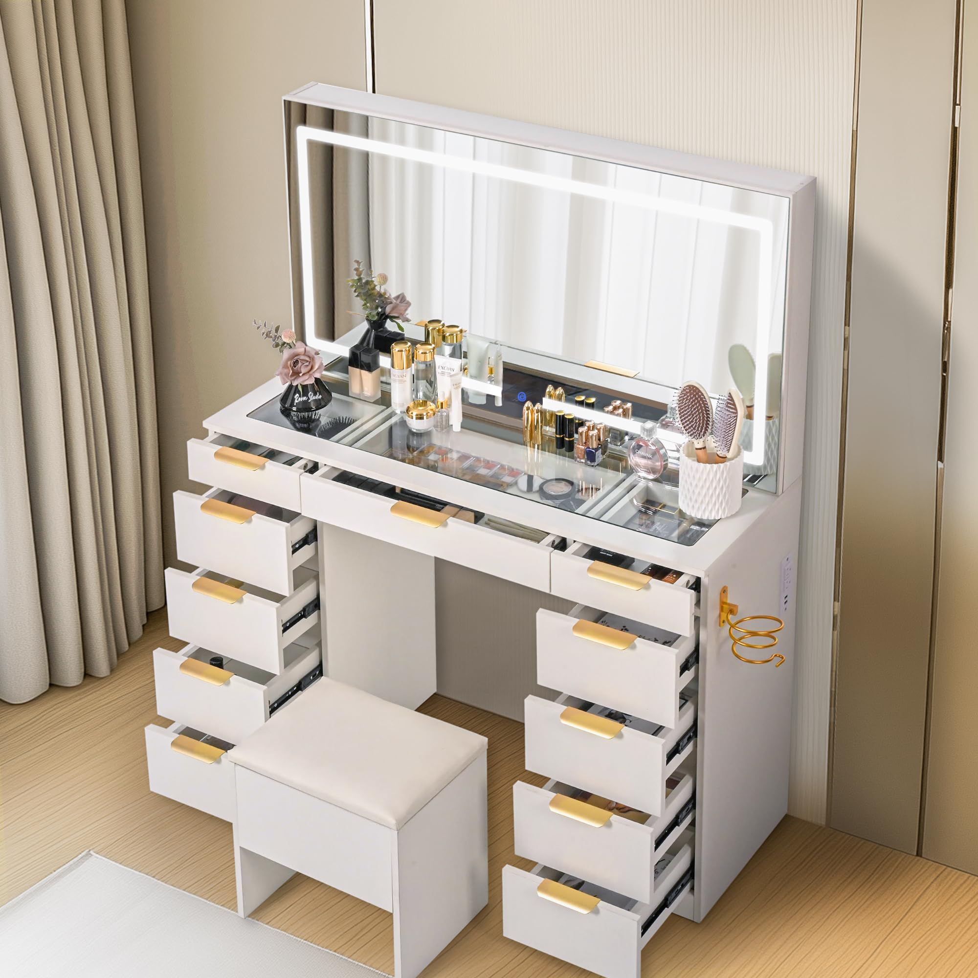 Pamapic 11-Drawer Vanity Desk with Golden Handles - Upgraded Silent Slides, LED Mirror with 3 Lighting Modes, Glass Top Makeup Vanity Set with Chair & Portable Mirror, USB Charging Station - Perfect for Bedroom, Dressing Room & Home Beauty Salon