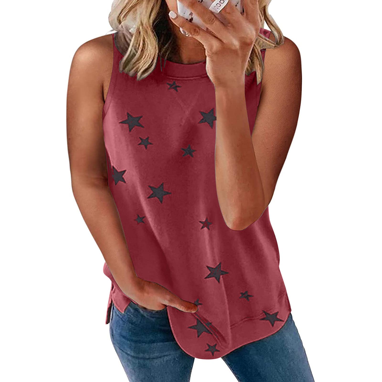 MUTHEONE Women's Striped Print Tank Tops - Crew Neck Sleeveless Casual Tee Shirts - Loose Fit Summer Tops for Women - Perfect for Beach, Gym & Everyday Wear