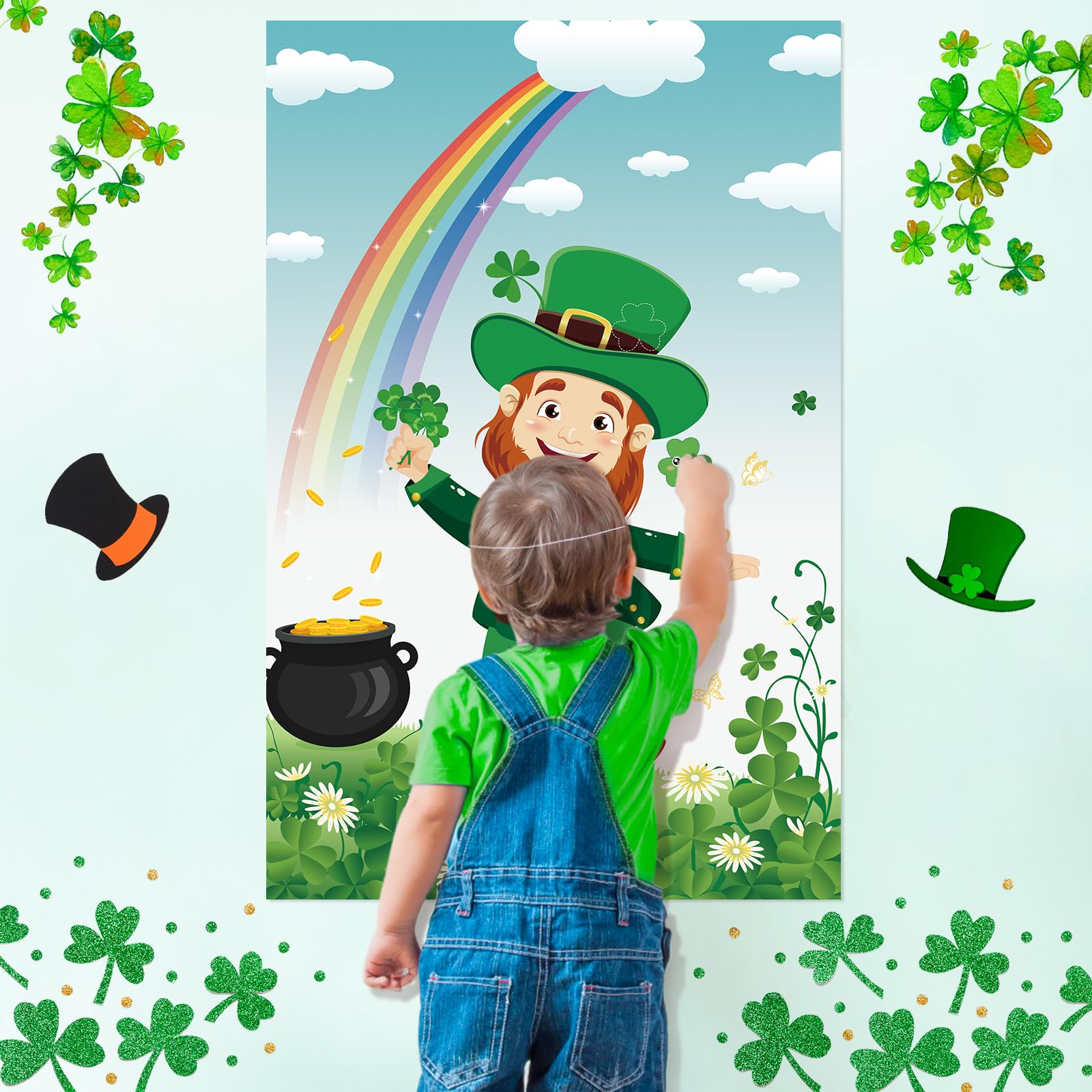 St. Patrick's Day Party Game for Kids - Pin The Shamrock on The Green Hat with 45 Stickers | Fun Irish-Themed Party Supplies & Decorations for Classroom, Home Celebrations & Festive Gatherings