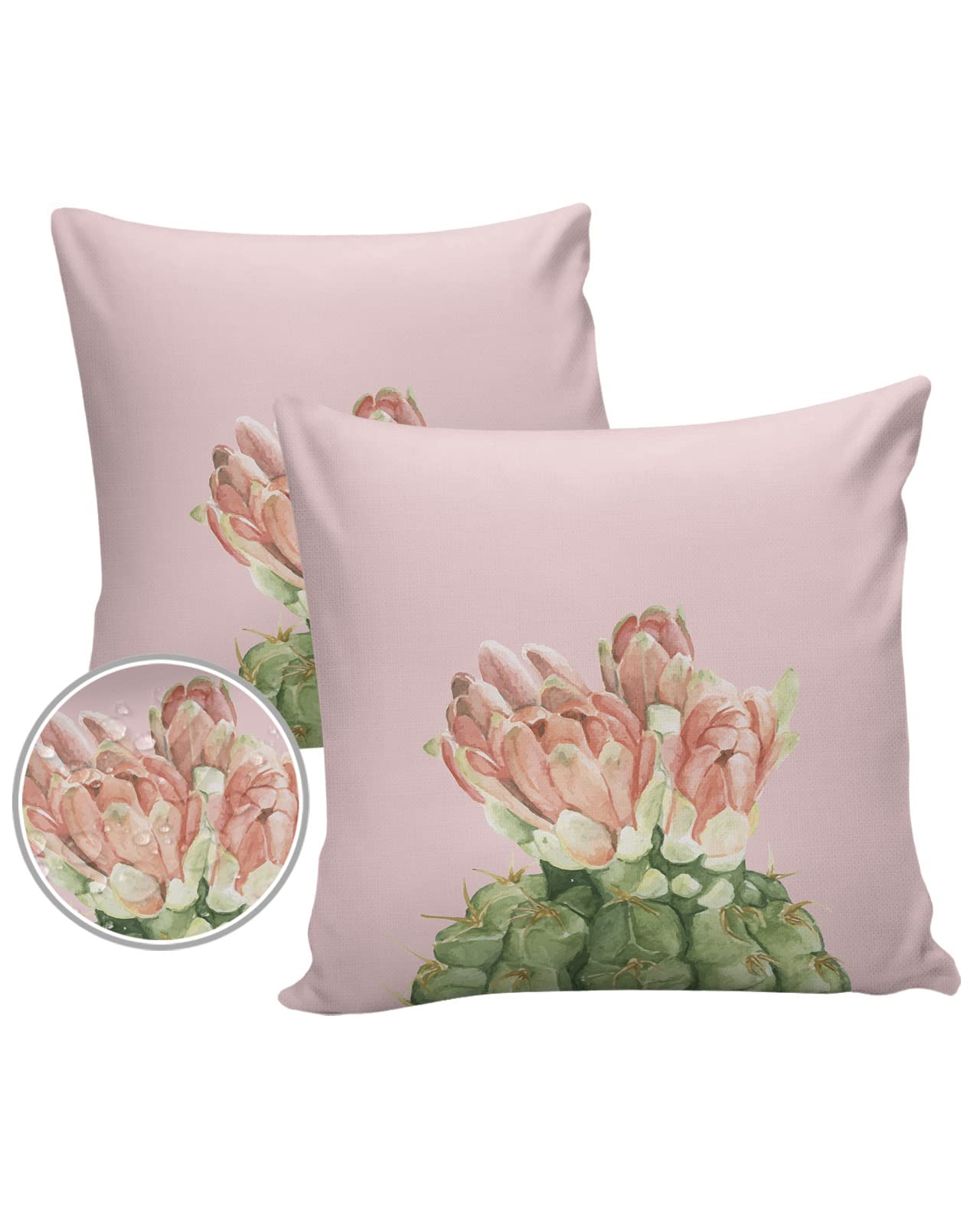 Waterproof 20x20 Inch Outdoor Throw Pillow Covers Set of 2 - Flowering Cactus & Tropical Plants Design, Zippered Decorative Cushion Covers for Patio Furniture, Sofa, Garden, Poolside (Pink Watercolor Pattern) - Perfect for Outdoor Living Spaces, Backyard Decor & Summer Relaxation