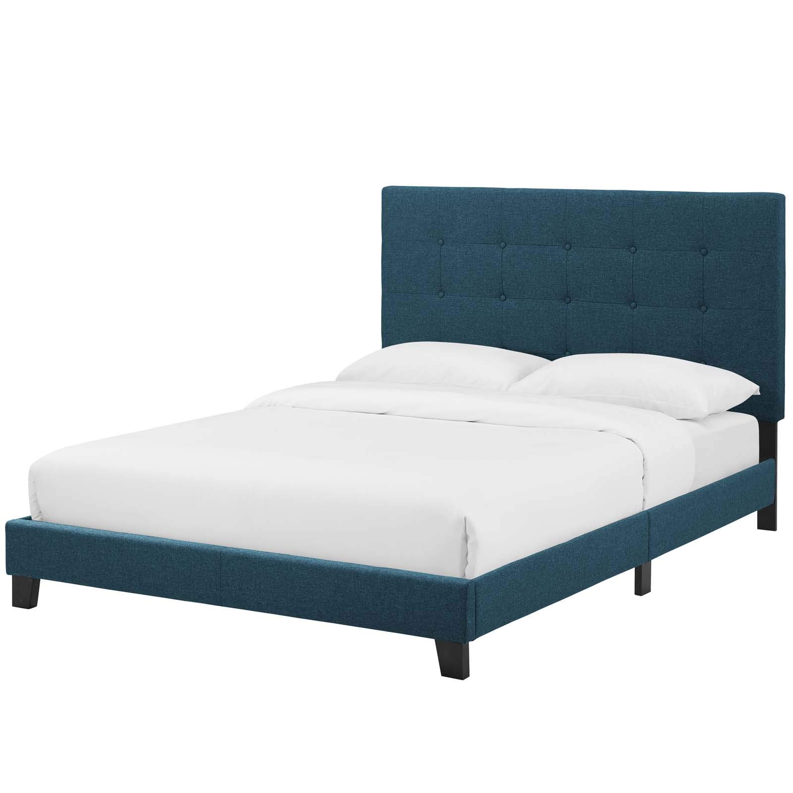 Modern Urban Designer Queen Size Platform Bed Frame - Navy Blue Fabric Upholstered - Perfect for Contemporary Bedrooms & Small Spaces