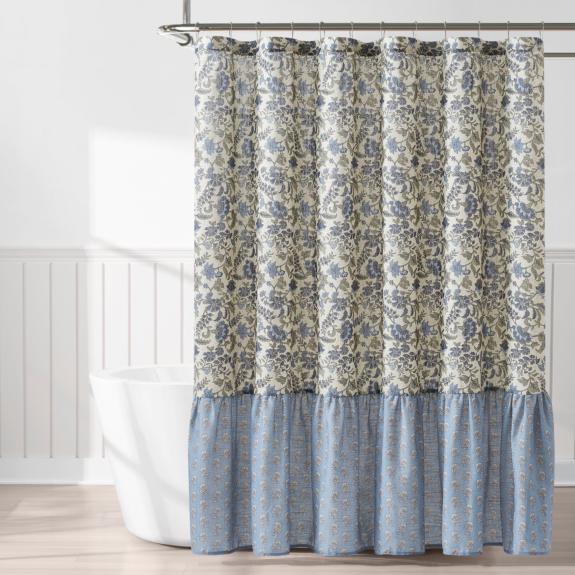 Lillian Block Print Linen Textured Shower Curtain - Vintage Inspired Bathroom Decor for Modern & Boho Style Homes