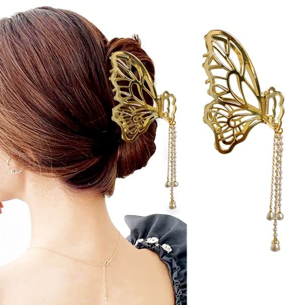 RedChimes Large Metal Hair Clutch with Pearl Tassel Clip - Elegant Hair Claw Accessory for Women & Girls (Style-5) | Perfect for Weddings, Parties & Everyday Styling