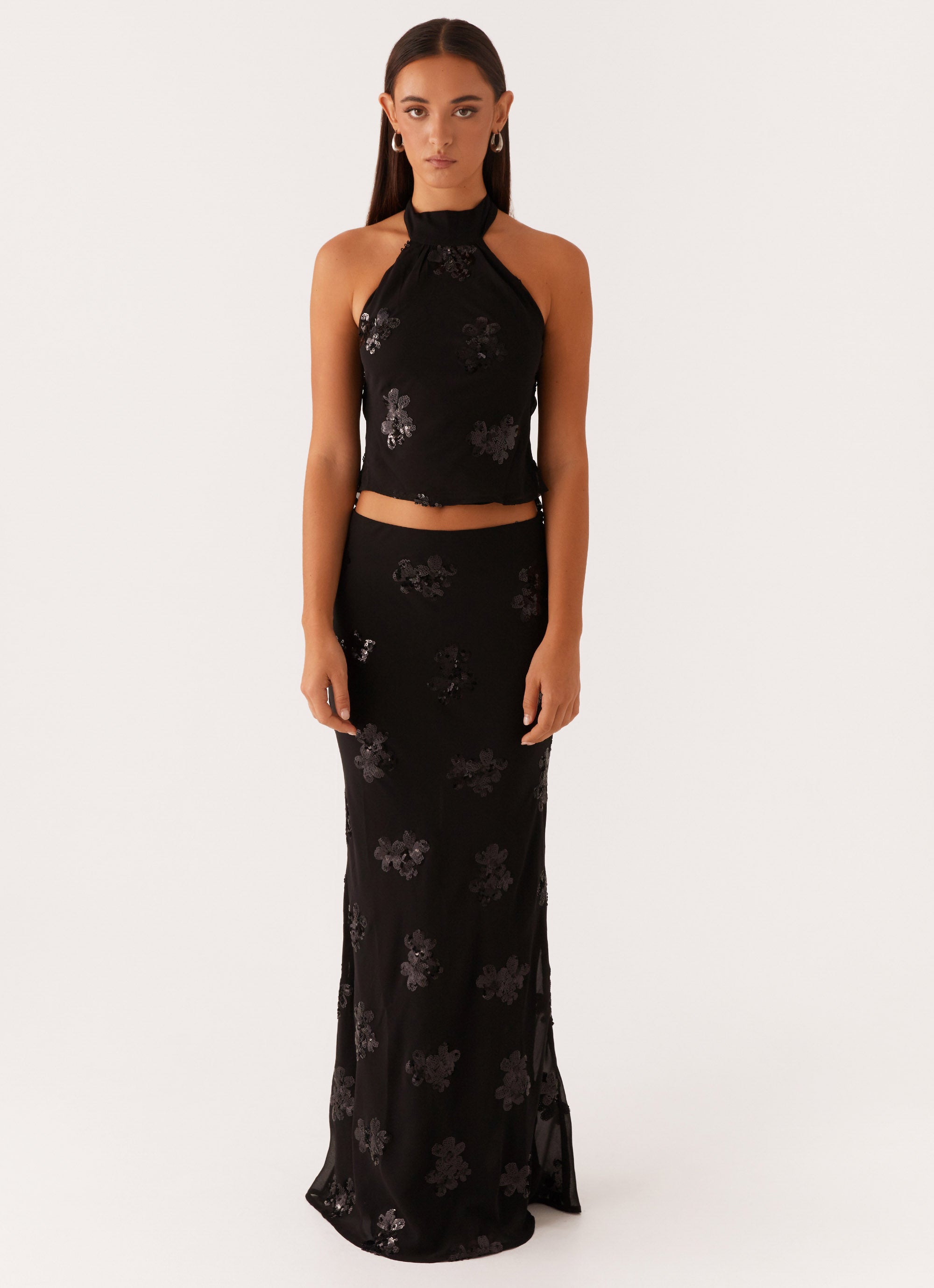 Cillian Sequin Halter Top for Women - Black Sparkly Party Top, Clubwear, Night Out Outfit, Evening Dress, Festival Fashion
