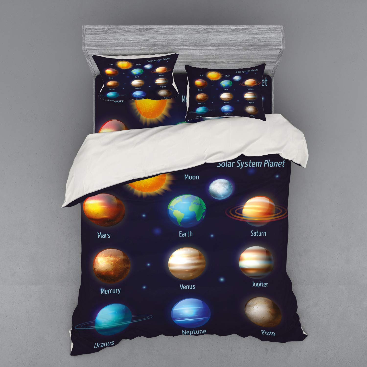 Ambesonne Solar System Planets & Sun Bedding Set - 3 Piece Queen Size Duvet Cover with Sham & Fitted Sheet - Astronomy Themed Colorful Space Design for Kids & Adults - Perfect for Science Lovers, Astronomy Enthusiasts & Space Themed Bedrooms