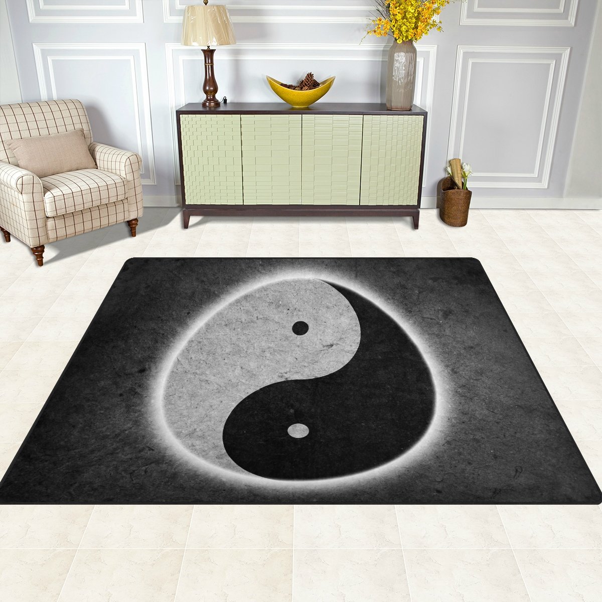 ALAZA Vintage Chinese Yin Yang Area Rug - 7' x 5' Handmade Boho Rug for Living Room, Bedroom, Yoga Studio & Meditation Space - Non-Slip Oriental Design Floor Mat