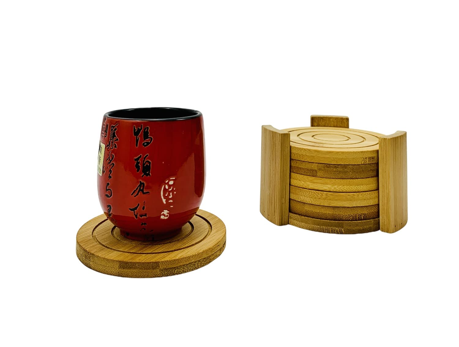 Premium Bamboo Drink Coaster Set with Holder - 6-Piece Natural Wood Coasters for Coffee Table (4.3 x 0.4 Inch) - Perfect for Home, Office, and Restaurant Use - Set of 10