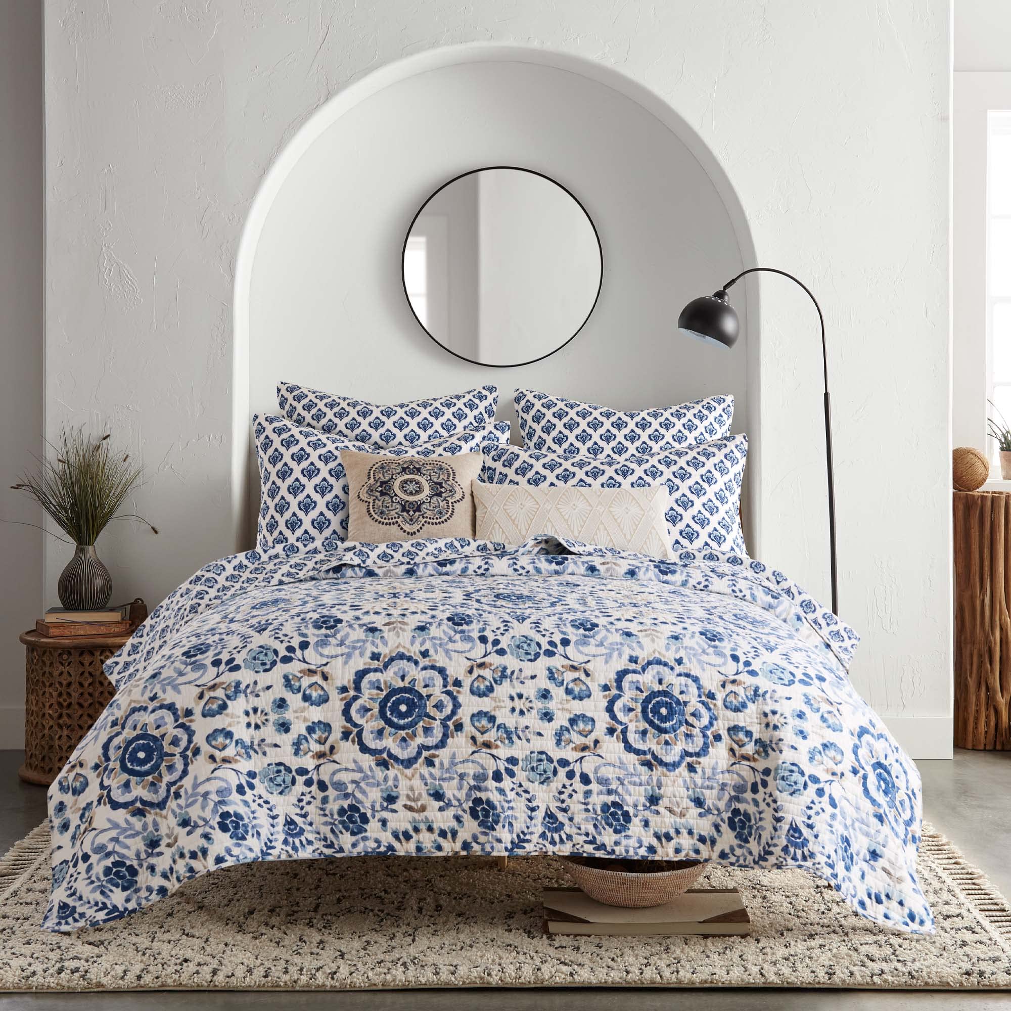 Levtex Home Lorrance Reversible Twin Quilt Set with Standard Sham - Floral Design in Blue, Navy, Taupe & White - 68x86in Quilt & 20x26in Sham - 100% Cotton Bedding - Perfect for Guest Rooms, Kids' Bedrooms & Cozy Farmhouse Decor