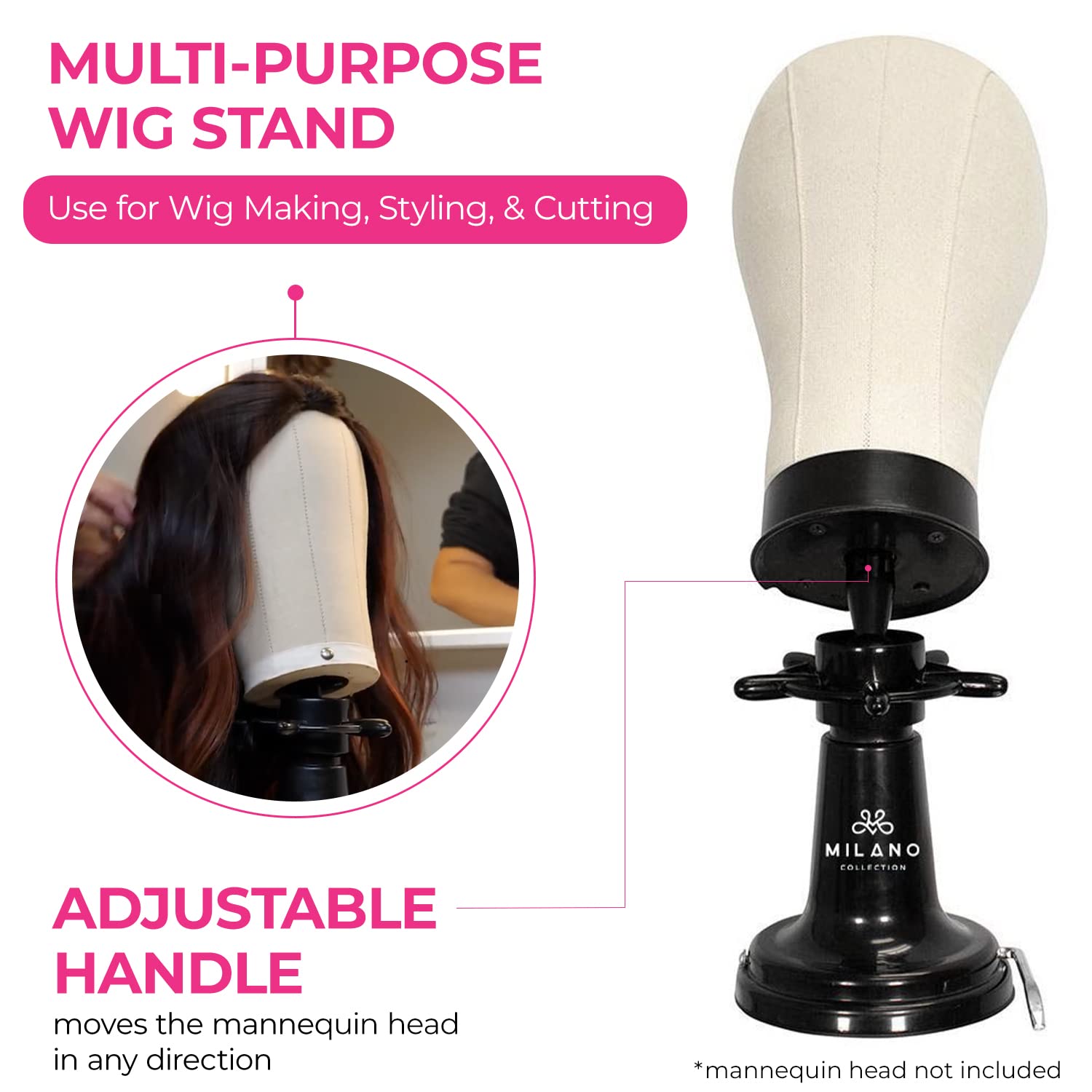 Milano Collection Deluxe Wig Styling Kit - 12” Silicone Mannequin Head with Suction Stand, 30 T-Pins, Scalp Illusion Duo, Hot Air Brush, Gentle Brush & Teasing Comb | Perfect for Salon Styling, Wig Practice & Cosplay Makeup